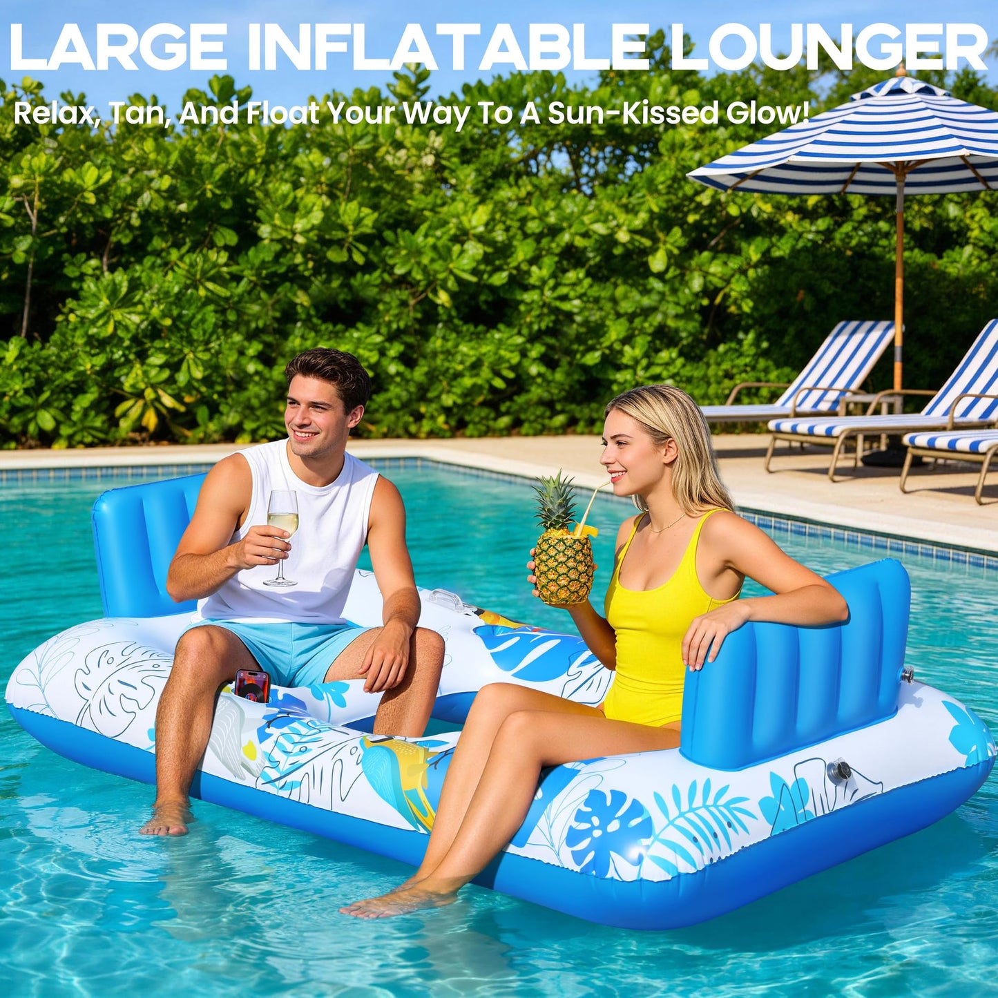 FluSing 2 Person Inflatable Pool Float Adult,87” x 44” Extra Large Inflatable Tanning Pool Lounger Float with Cup & Phone Holders,Pool Float Chair Heavy Duty,Sunbathing Pool Lounger Raft Pool Floaties
