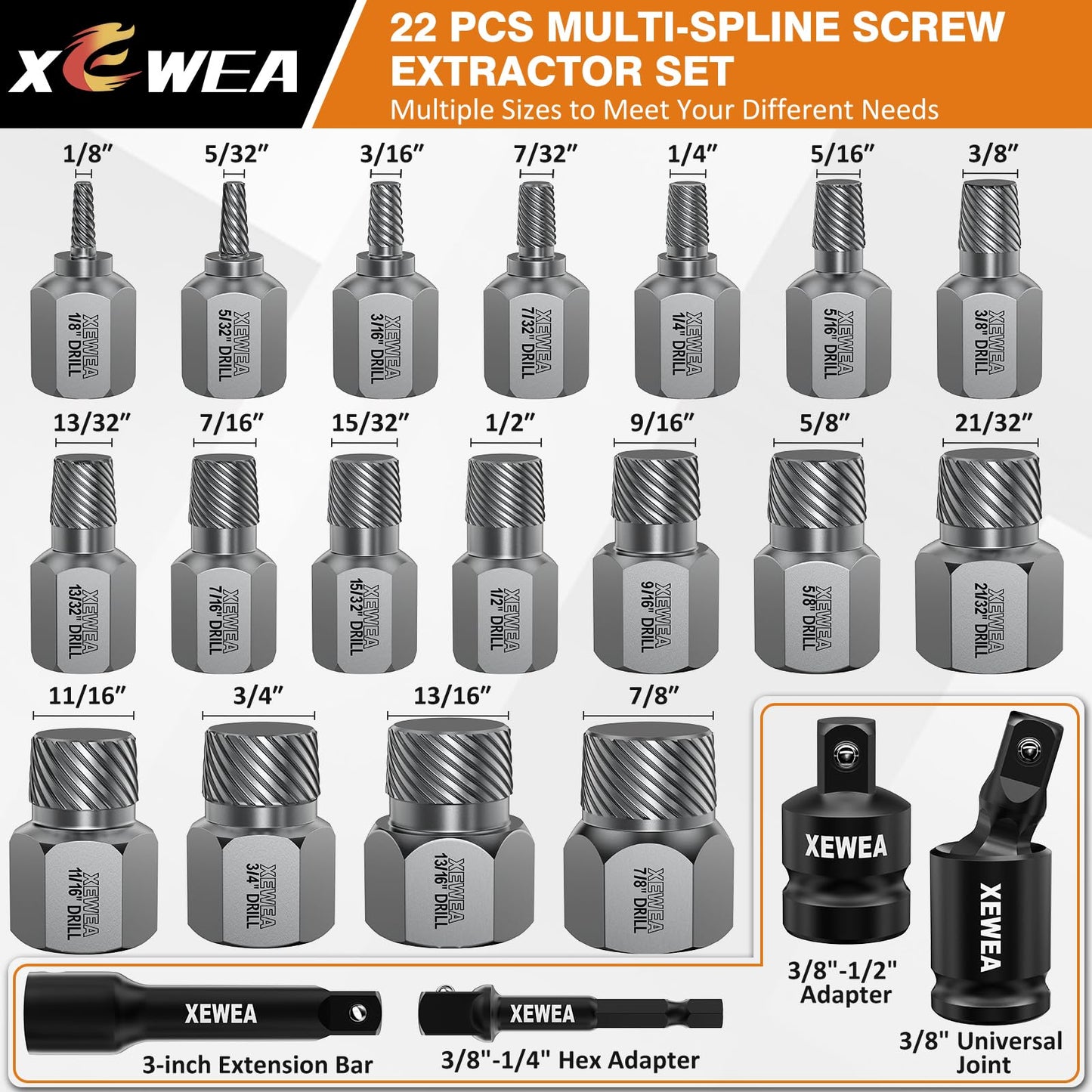 XEWEA 22PCS 3/8" Drive Screw Extractor Set, Multi-Spline Easy Out Bolt Remover Kit for Stripped Broken Bolts, Nuts & Screws, Heavy-Duty CR-MO Extraction Tools with Extension & Adapter Accessories