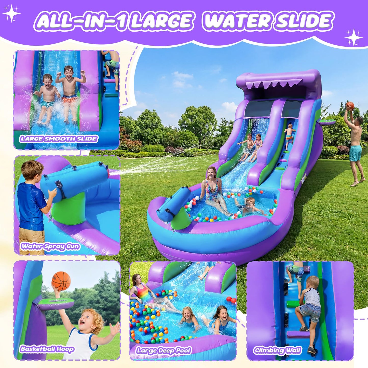 GYMMALL 21FT Inflatable Water Silde Commercial 100% PVC Grade for Adults and Kids, Blow up Heavy Duty Waterslide Bounce House with 750 W Blower and Large Pool for Outdoor, Party and Rental - Purple