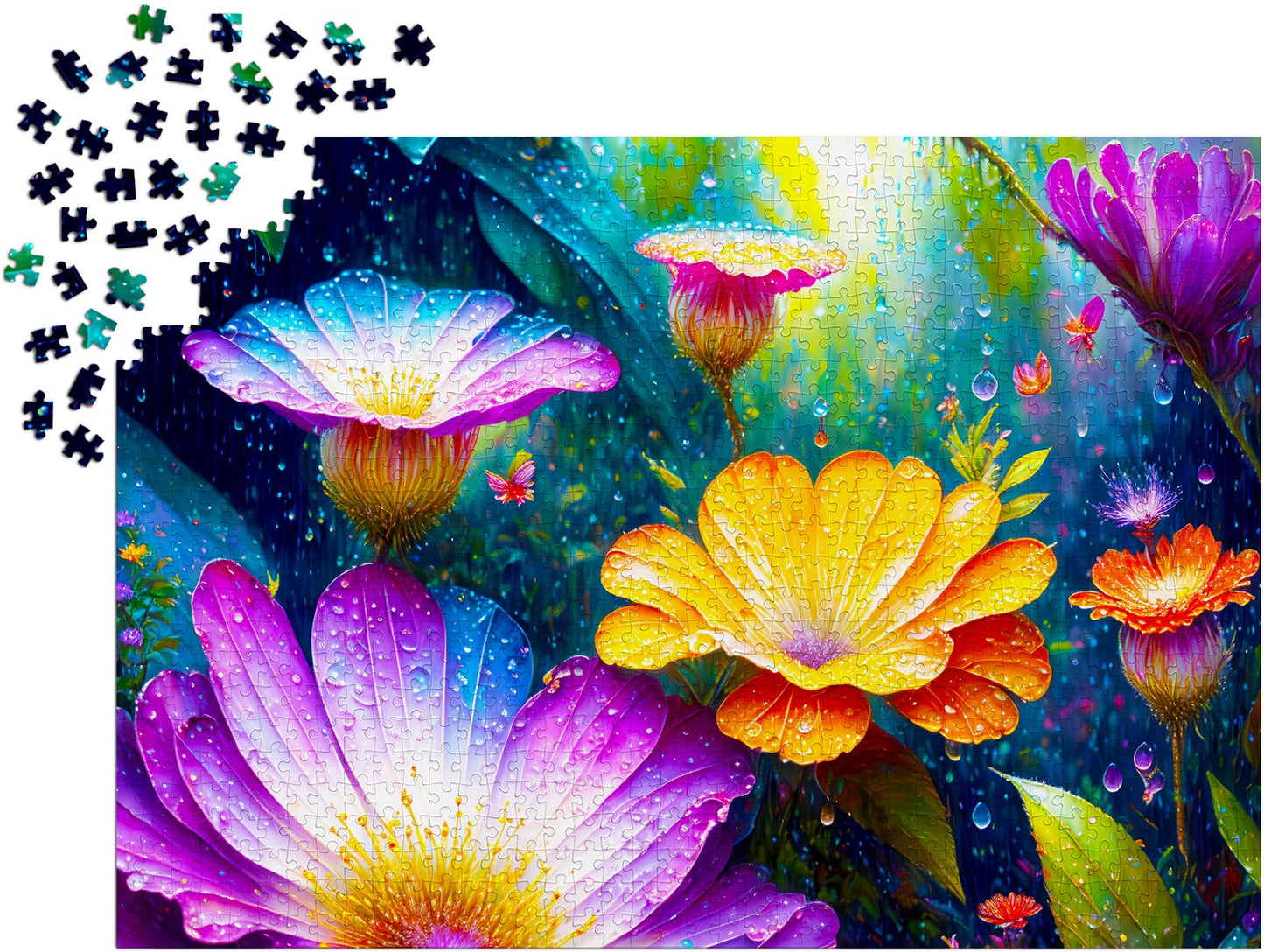1000 Piece Jigsaw Puzzle for Adults - Colorful Flowers in the Rain Garden, Matte Anti-Glare, Unique-Shape Pieces, Sturdy 2mm Board, Frame-Worthy 27x19 in Gift for Women | Enjoy Complete-Set Guarantee