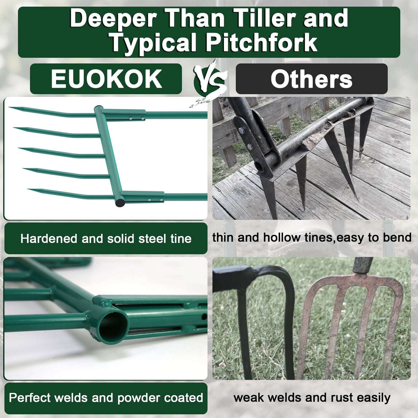 Broad Fork Garden Tool - 5 Tines Heavy Duty Broadfork for Digging, Cultivating & Loosening Soil, Ergonomic U-Shaped Design Hand Tiller for Gardening & Farming