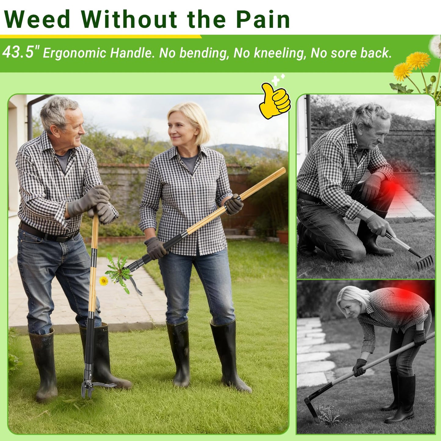 Bamda Weed Puller Tool, Heavy Duty Gardening Hand Tools with 4-Claw Steel Head & Dual-Eject Mechanism, 43.5" Bamboo Long Handle Stand Up Weeding Tool for Lawn Yard, Includes 16 Gallon Leaf Bag