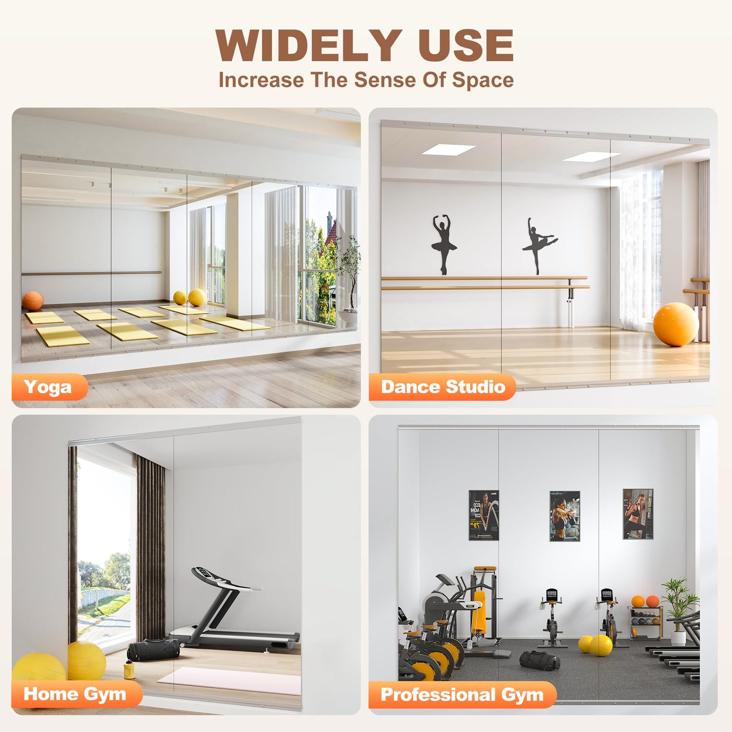 Hasipu Home Gym Mirror 63" L x 28" W - 1PC Large Full Body Mirror for Yoga, Fitness, Garage, Dance Studio, Wall-Mounted, 0.16in Tempered Glass Frameless