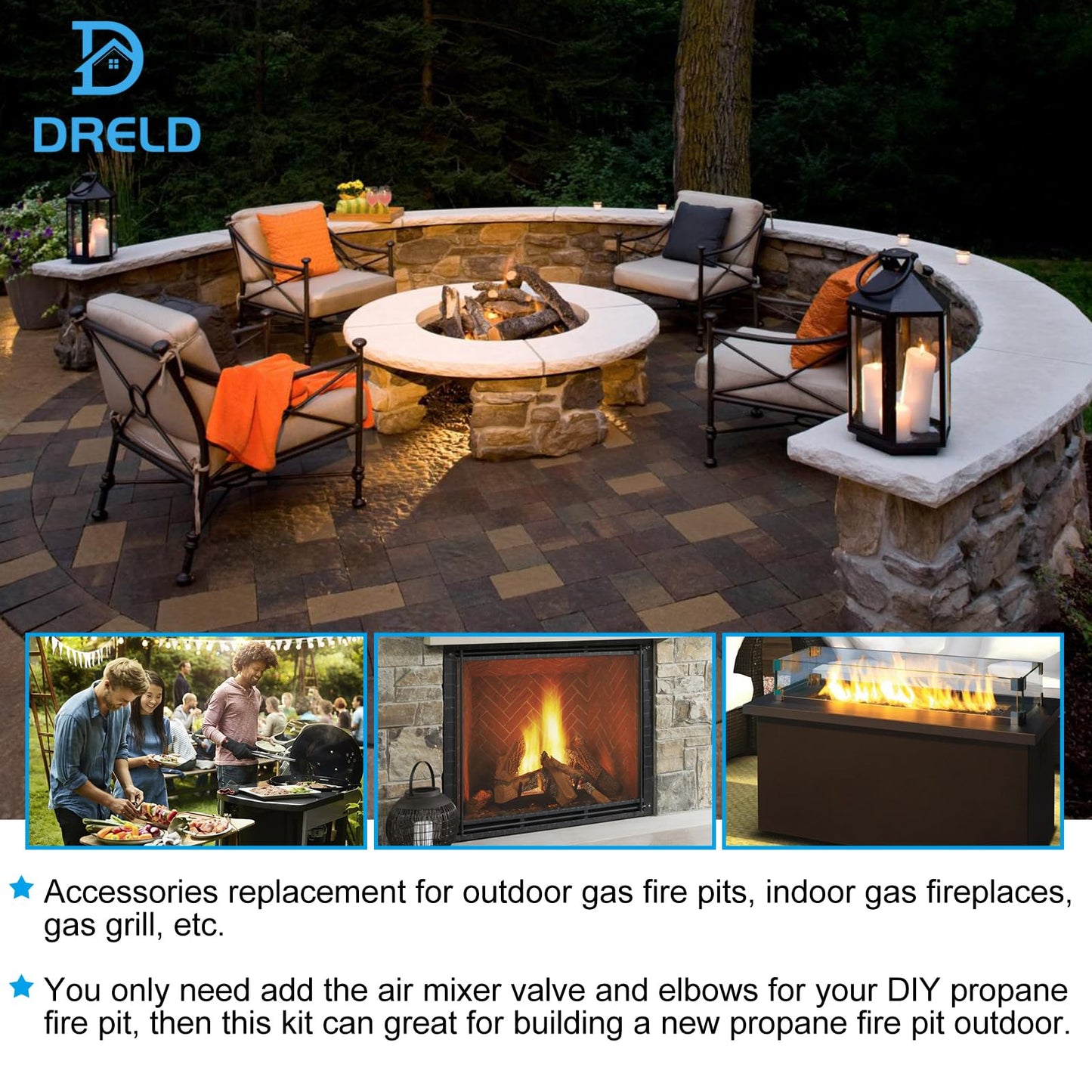 DRELD Propane Gas Fire Pit Fireplace Valve Control System Kit Assembly - Flame Failure Control Valve, Whistle Free Gas, LP Propane Hose with Regulator (Max 50,000 BTU)