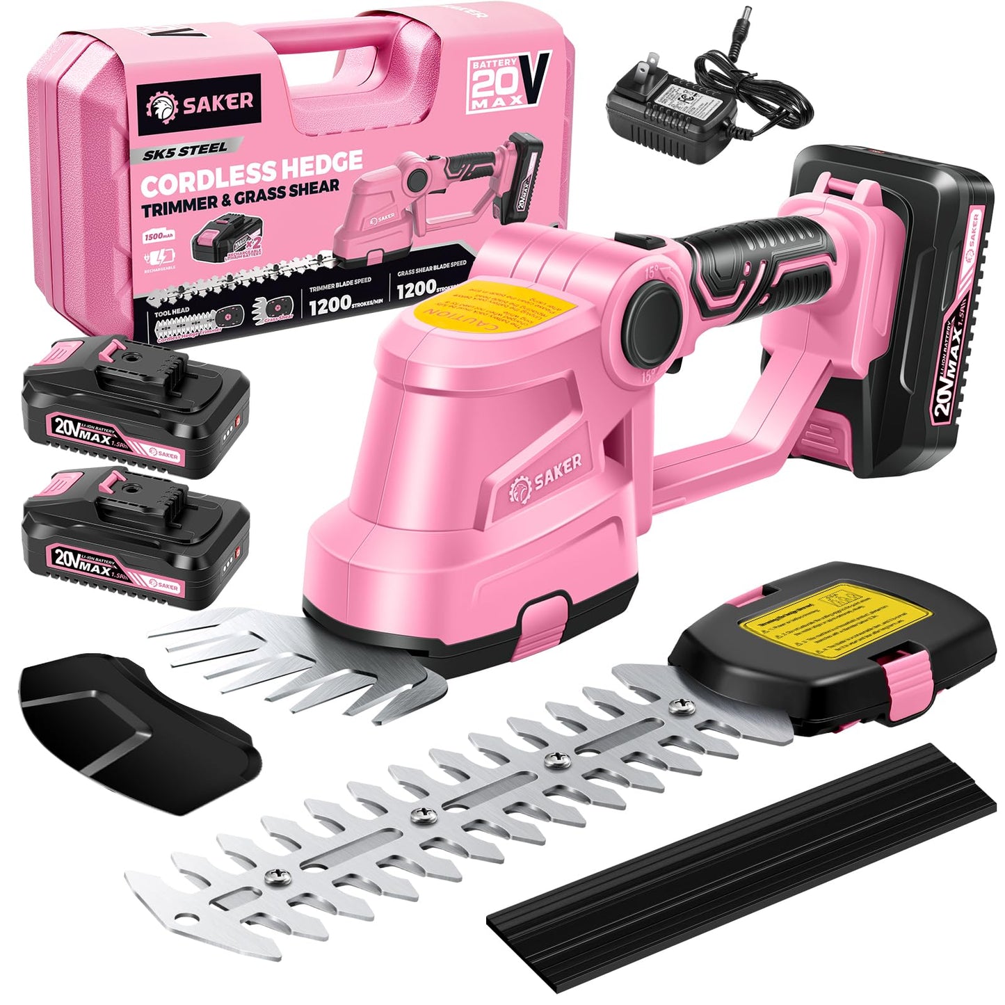 Saker Cordless Hedge Trimmer-20V Electric Shrub Trimmer Grass Shears Handheld Grass Cutter, Hedge Shear with 2 PCS Rechargeable Battery and Charger for Garden, Lawn(Pink)