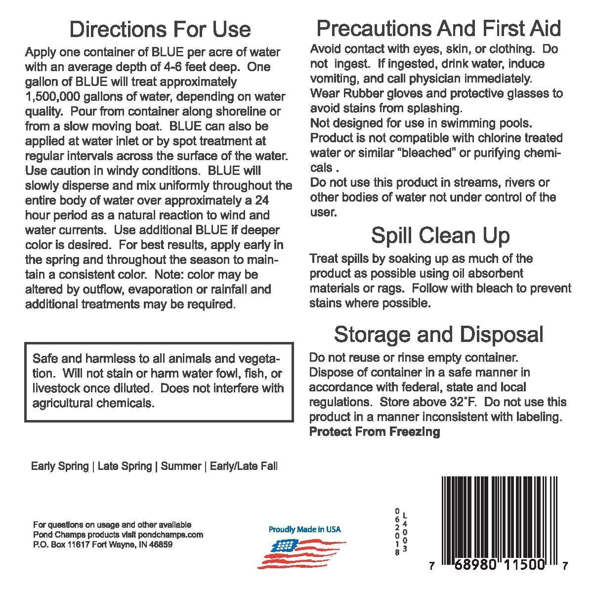 Blue Lake and Pond Dye - One Gallon of Professional Lake & Pond Dye - Treats Up to 1 Acre - Royal Blue Color - Safe for Fish, Wildlife, Pets & Children