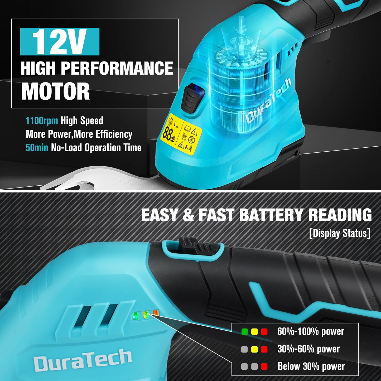 DURATECH Cordless Hedge Trimmer, 12V 2-in-1 Handheld Grass Trimmer & Hedge Shears Included 2.0Ah Li-Ion Battery, Charger & Storage Bag, Electric Grass Shear & Shrubbery Trimmer for Garden Yard Lawn