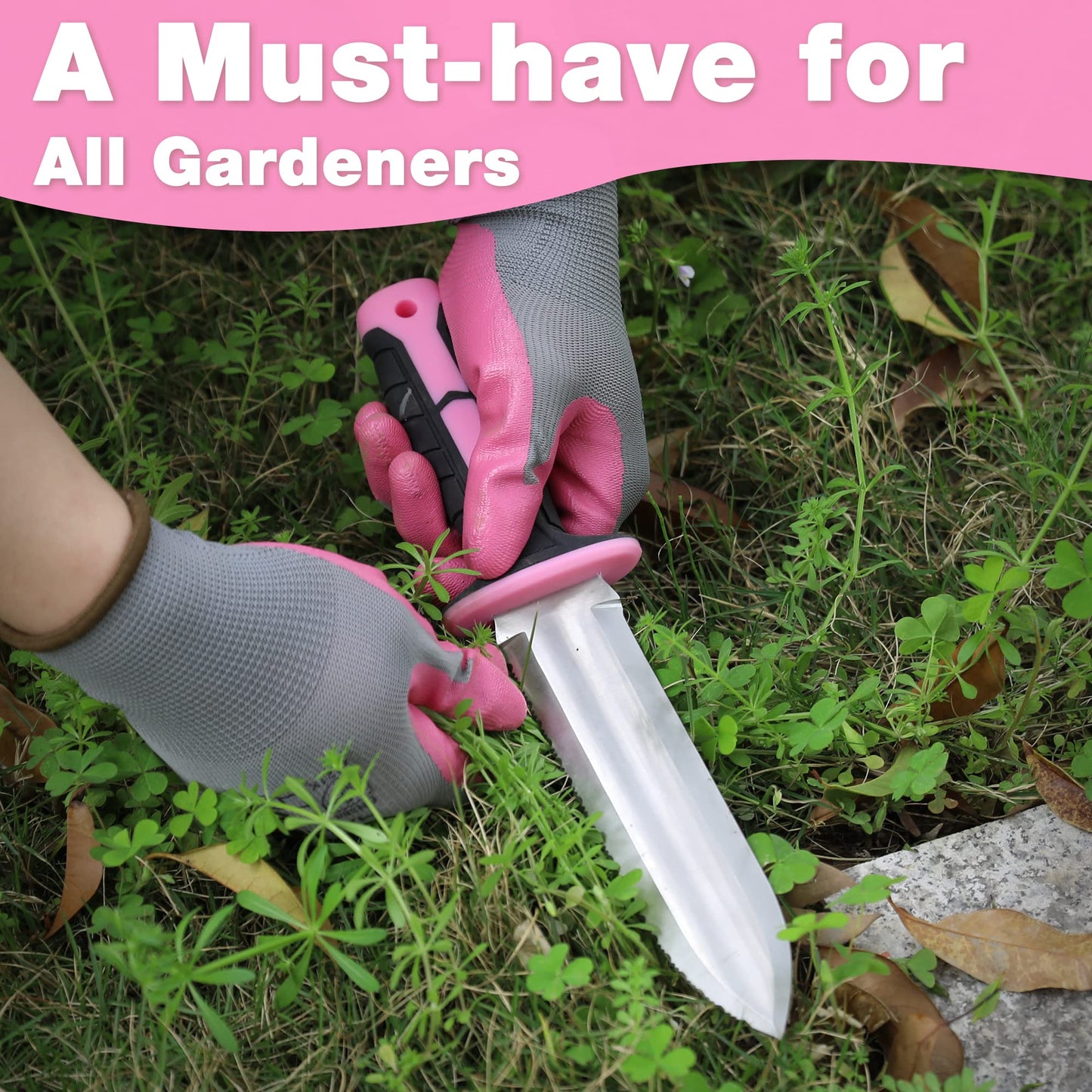 WORKPRO Hori Hori Garden Knife, 7" Stainless Steel Blade with Cutting Edge, Garden Tools with Oxford Sheath, Ergonomic TRP Handle with Hanging Hole for Weeding, Planting, Digging, Pink Ribbon