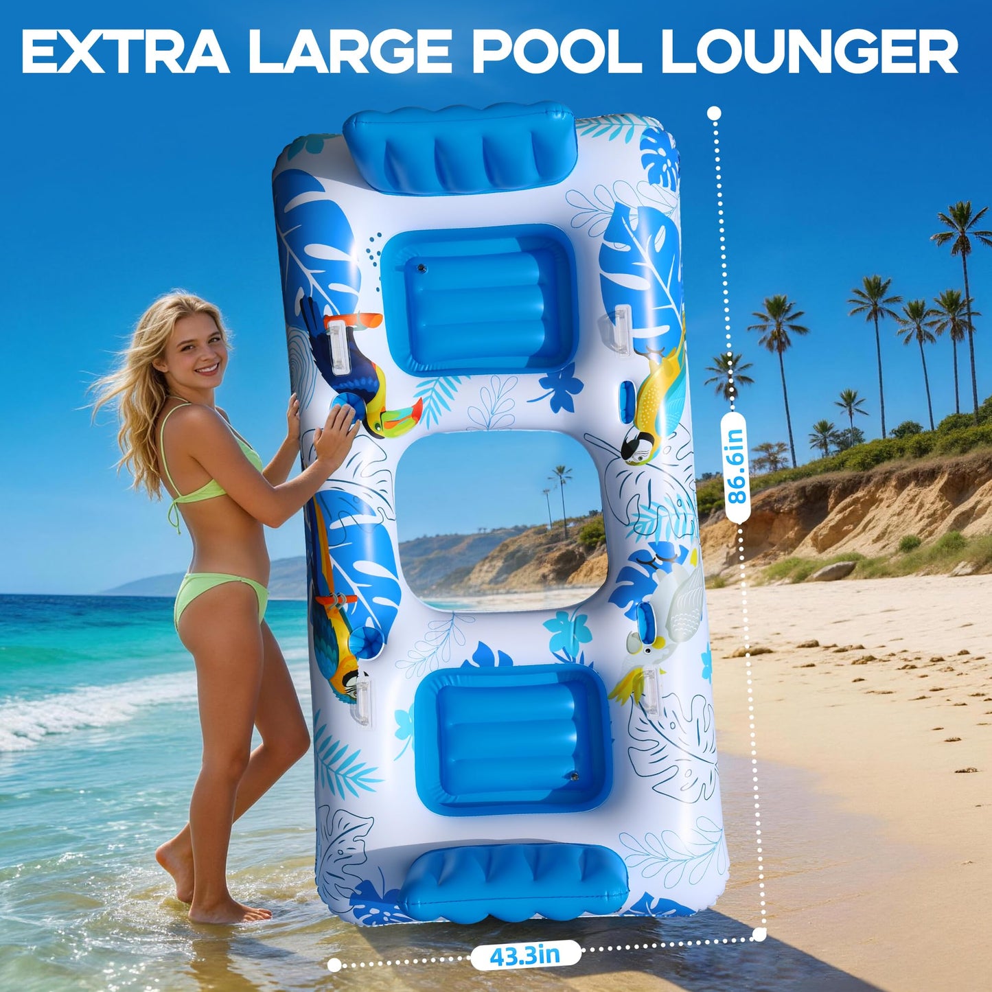 FluSing 2 Person Inflatable Pool Float Adult,87” x 44” Extra Large Inflatable Tanning Pool Lounger Float with Cup & Phone Holders,Pool Float Chair Heavy Duty,Sunbathing Pool Lounger Raft Pool Floaties