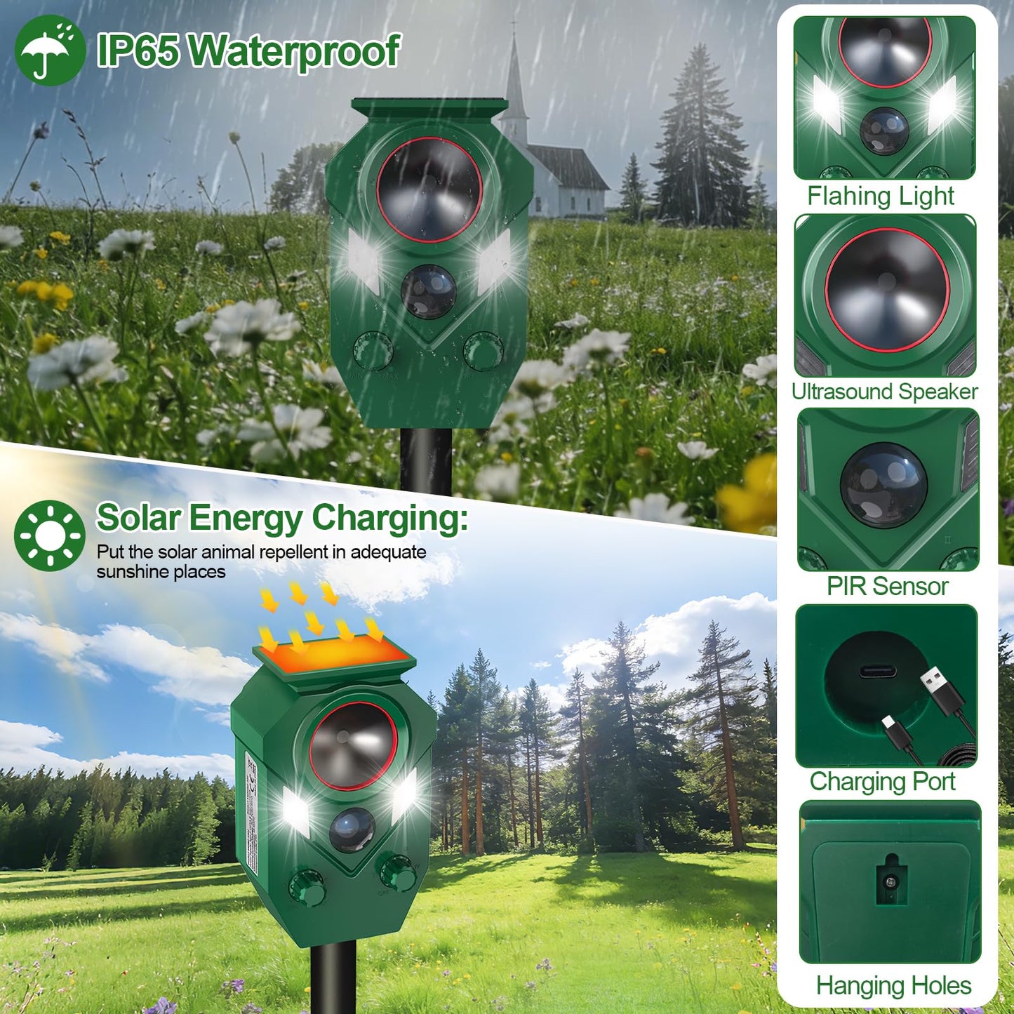 Ultrasonic Animal Repeller Outdoor - Cat Repellent & Deterrent with PIR Sensor & Flashing Light,Solar Powered Deer Repellent for Squirrels, Raccoons, Skunks,Rabbits,and Dogs, IP65 Waterproof （2 Pack）