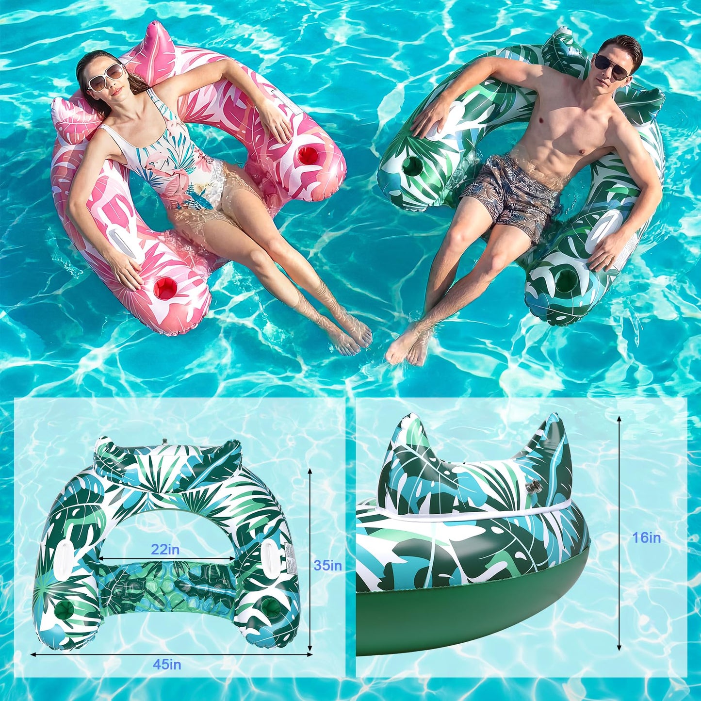 Korlon Inflatable Pool Floats Adults, 2 Pack Pool Float Chair for Adults, Inflatable Float Chair Adult with Cup Holders & Handles for Swimming Pools Adult Party, Beach, Lakes
