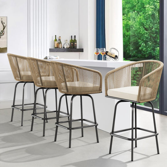 YITAHOME Counter Height Bar Stools Set of 4, Outdoor Bar Stools with Soft Cushions, Patio Rattan Swivel Bar Chairs for Backyard Poolside, Garden w /360 Rotation (Beige)