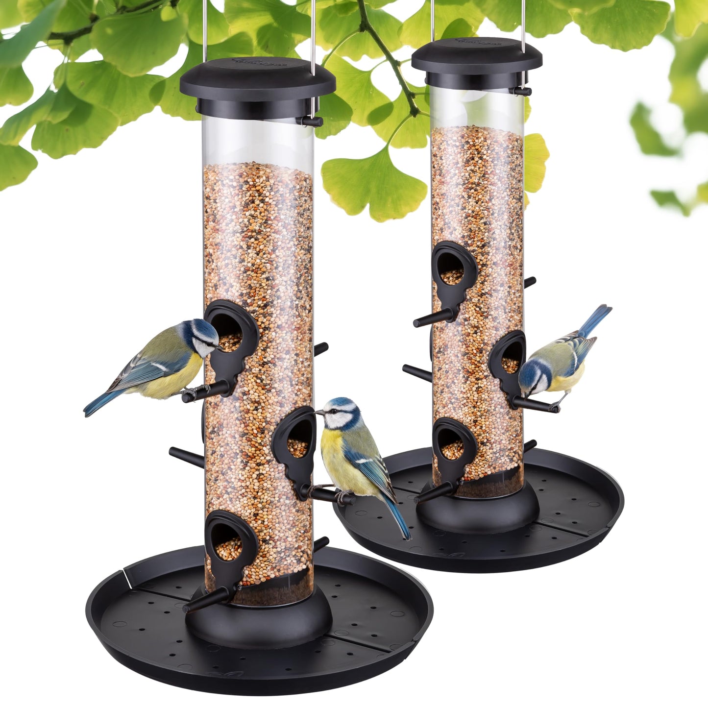 Trampgik Bird Feeders for Outdoors Seed Catcher,6 Port Wild Bird Feeders with Tray,Bird Feeders for Outside Hanging for Cardinal 13 Inch,Black,Pack of 2
