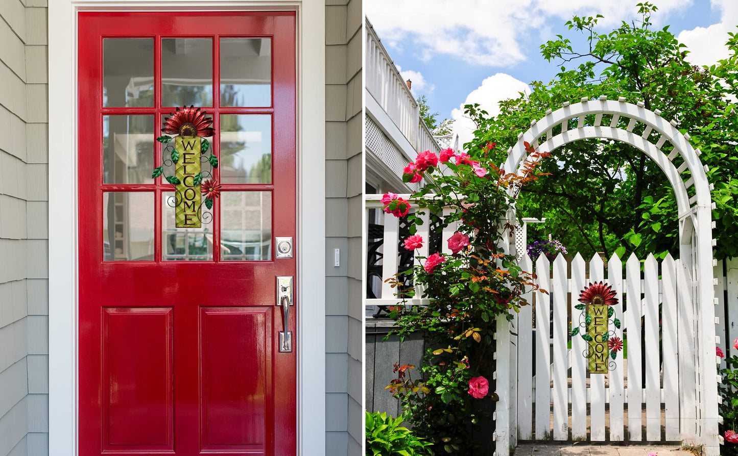 E-view Metal Welcome Sign Rustic Wall Hanging Plaque - Decorative Welcome Flower Signs for Porch Front Door Farmhouse Home Decoration Garden Themed Wreath Ornament (Red)