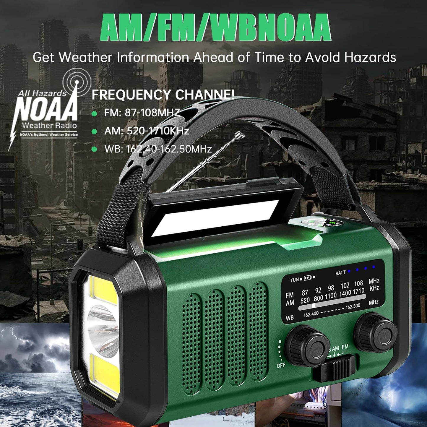 Emergency Weather Radio 20000mAh NOAA/AM/FM with 74000mWh USB/Solar/Hand Crank Charging, Battery Operated, SOS Alarm & Flashlight for Indoor/Outdoor Emergencies (Green)