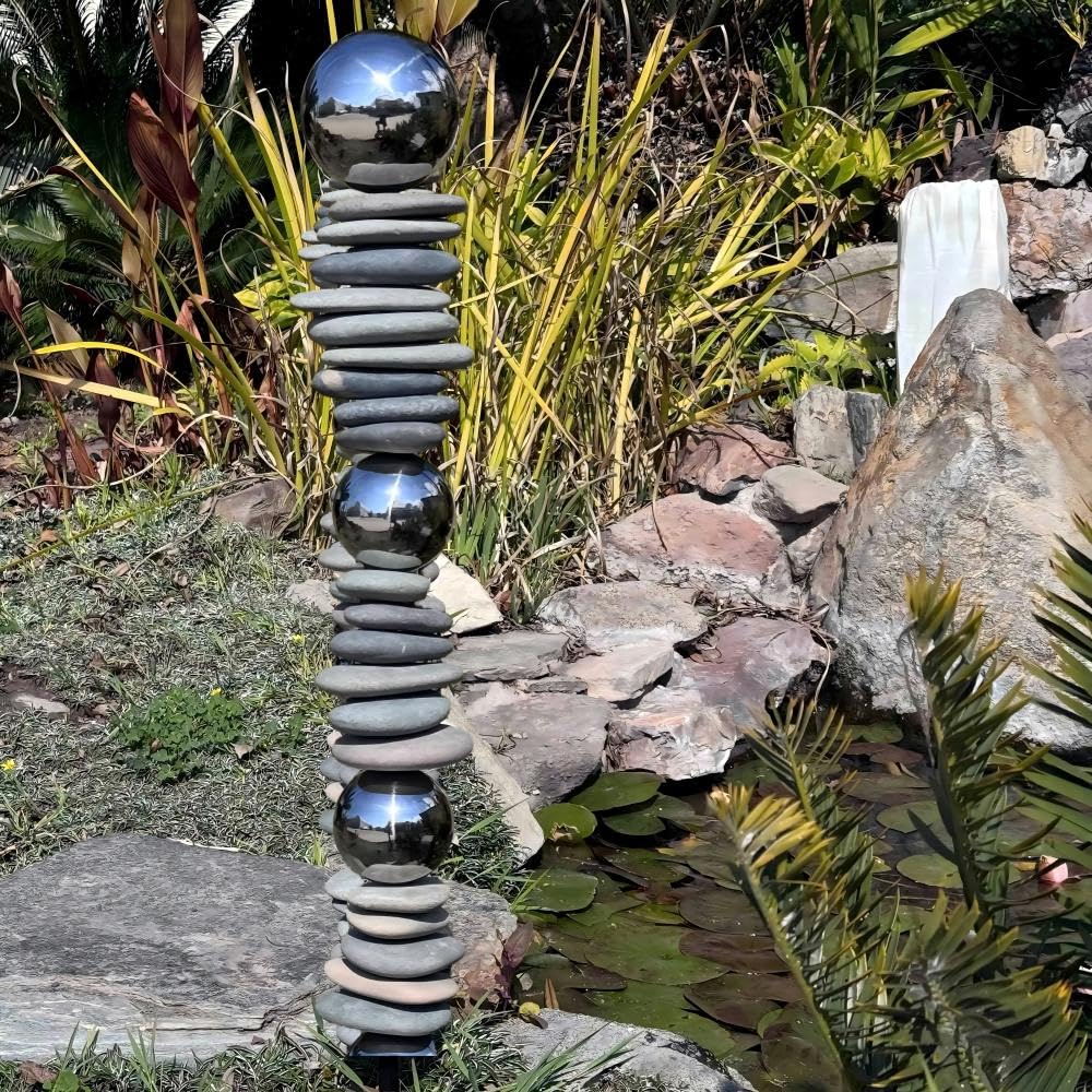 Wensign Zen Garden Ourdoor Decor - 32" Rock & Stainless Steel Sphere Sculpture Stake, Modern Yard Art for Landscape, Patio, or Pathway