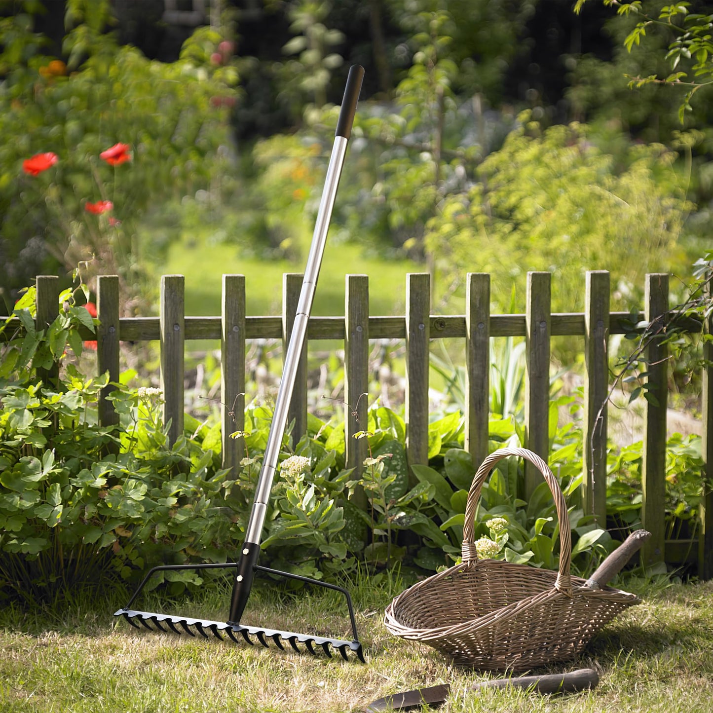 YEELOR Garden Rake, Heavy Duty 16-Tine Bow Rake with Adjustable Stainless Steel Handle, Metal Rake for Yard Work, Loosening Soil, Leveling Mulch, Gathering Leaves