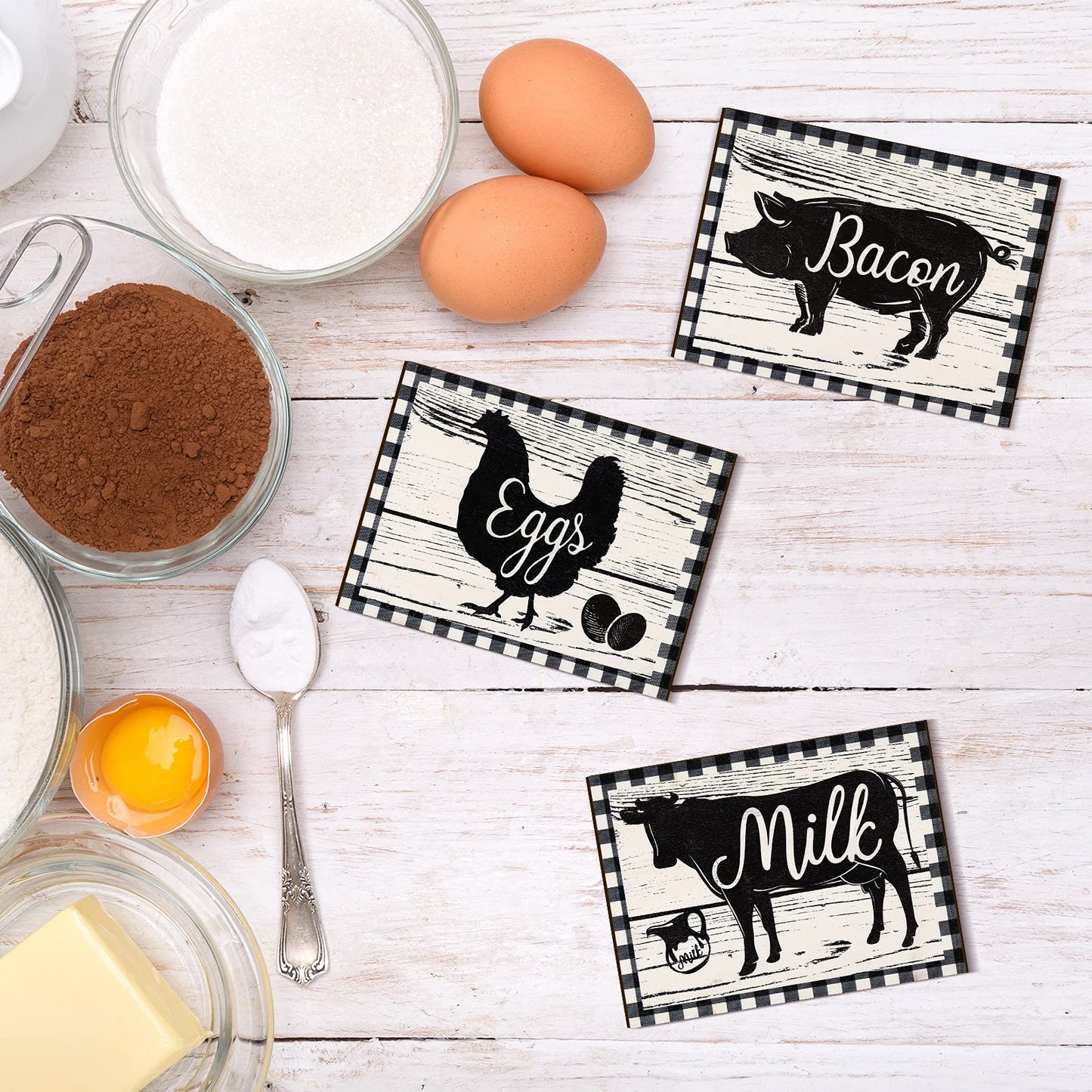 Jetec 3 Pieces Farmhouse Kitchen Decor Wooden Pig Cow chicken Signs Rustic buffalo plaid wall art farm animal Plaque for Kitchen Home Wall Decorations, 7.9 x 5.9 Inch