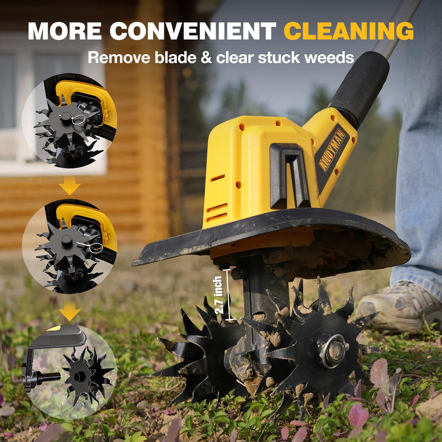Alloyman 20V Cordless Tiller Cultivator, 360RPM Electric Garden Tiller, with 2 * 2.0Ah Batteries & Charger, 9In Tilling Width and 6.6In Depth Garden Rototiller for Lawn/Gardening/Soil Cultivation