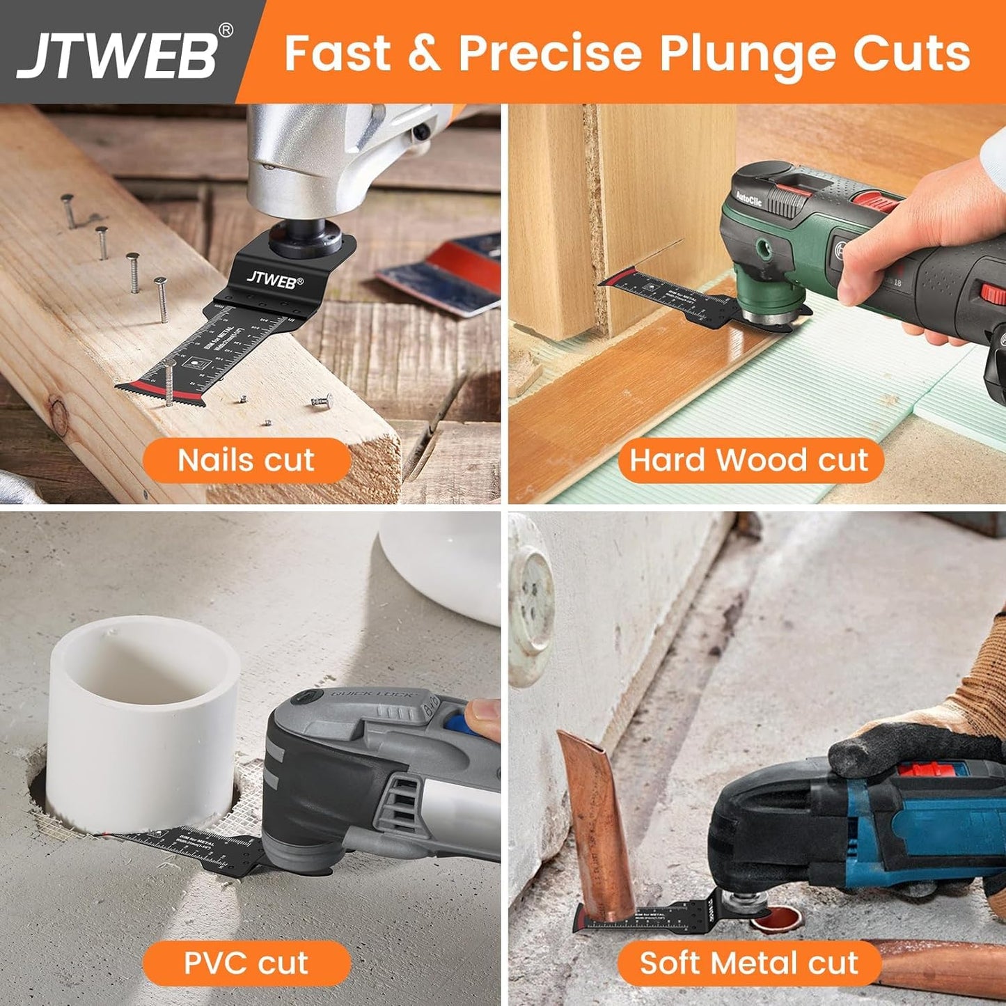 JTWEB Extra Long Oscillating Saw Blades - 30PCS Arc-Shaped Edge Bi-Metal Multitool Blades Precise Cut for Wood with Nails, Metal, Universal Quick Release Power Oscillating Tool Blades Kits