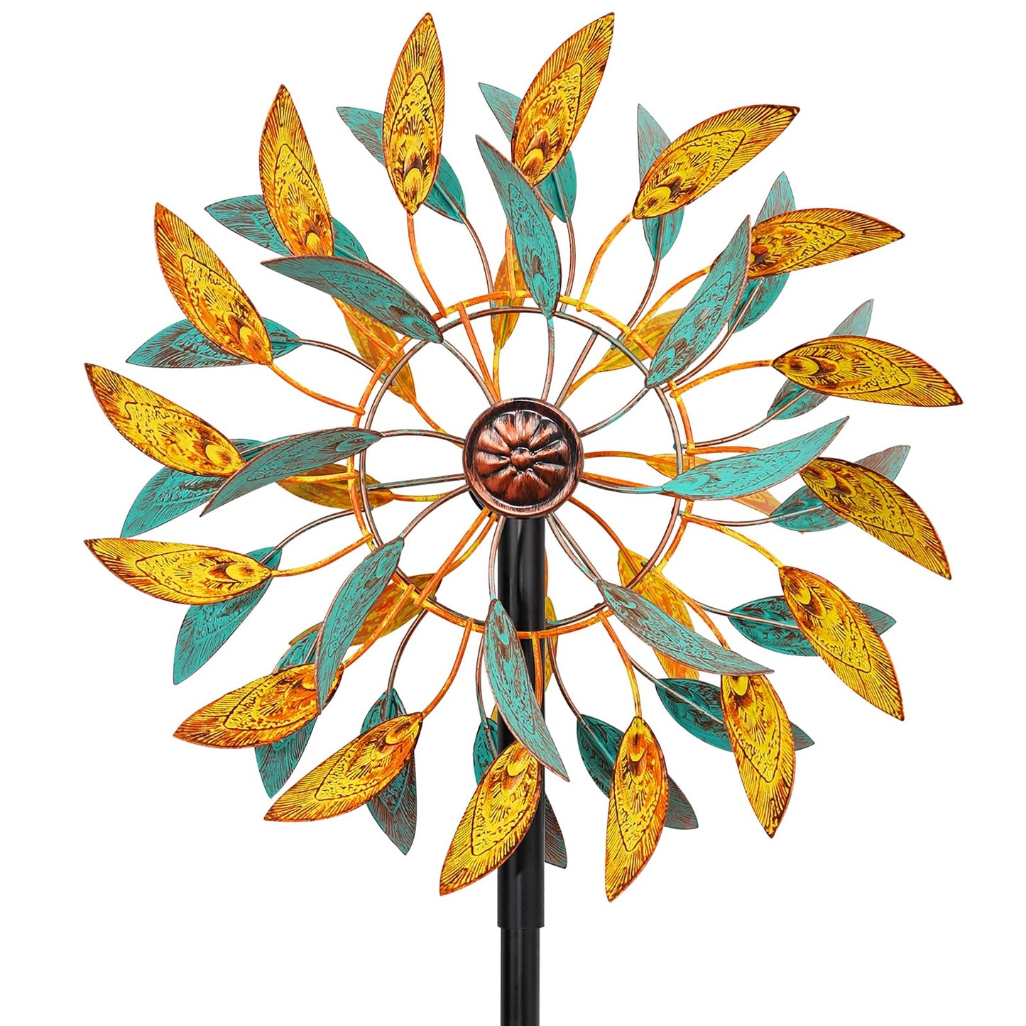 Metal Wind Spinners Outdoor, Kinetic Garden Wndmills,Yard Art Windmill with Metal Stake,Vintage Wind Sculptures & Spinners,Waterproof Pinwheels Large Wind Mill for Patio Lawn Yard Garden (Yellow+Blue)
