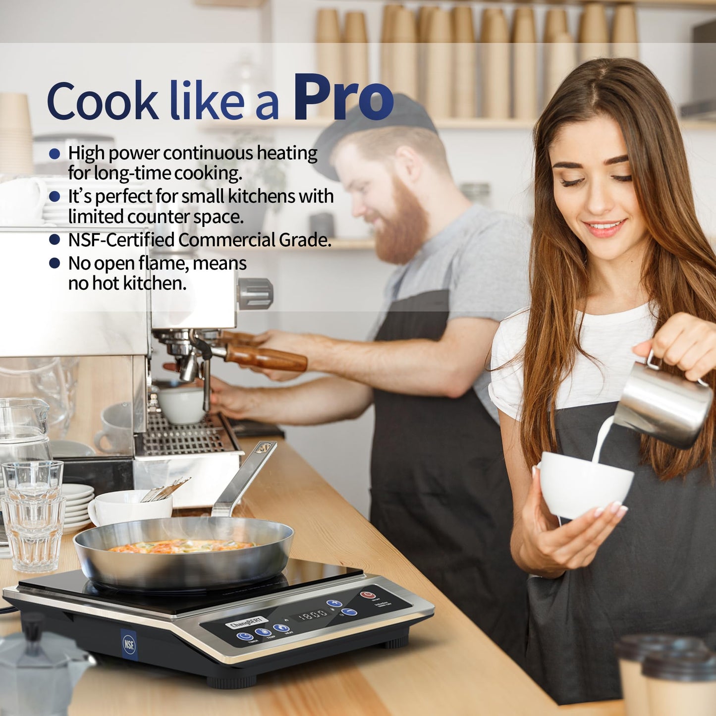 ChangBERT Induction Cooktop, Commercial Grade Portable Cooker, Large 8” Heating Coil, Premium Stainless Steel Countertop Burner with NSF Certified, 10 Hours Timer Powerful 1800W Professional Hot Plate