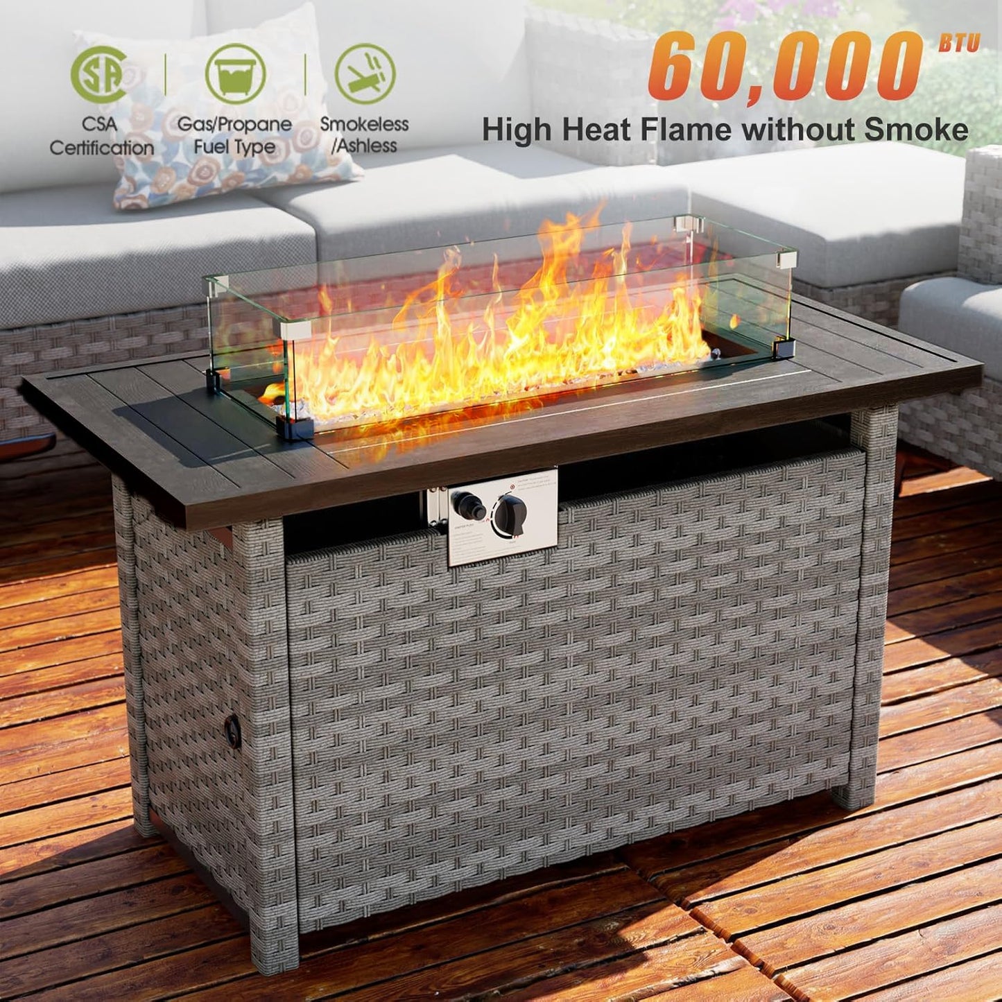 44" Fire Pit Table with Wind Guard for Outdoor, Auto-Ignition Propane Gas Firepits Rattan Rectangular Table for Outside Patio 60,000 BTU, Gray
