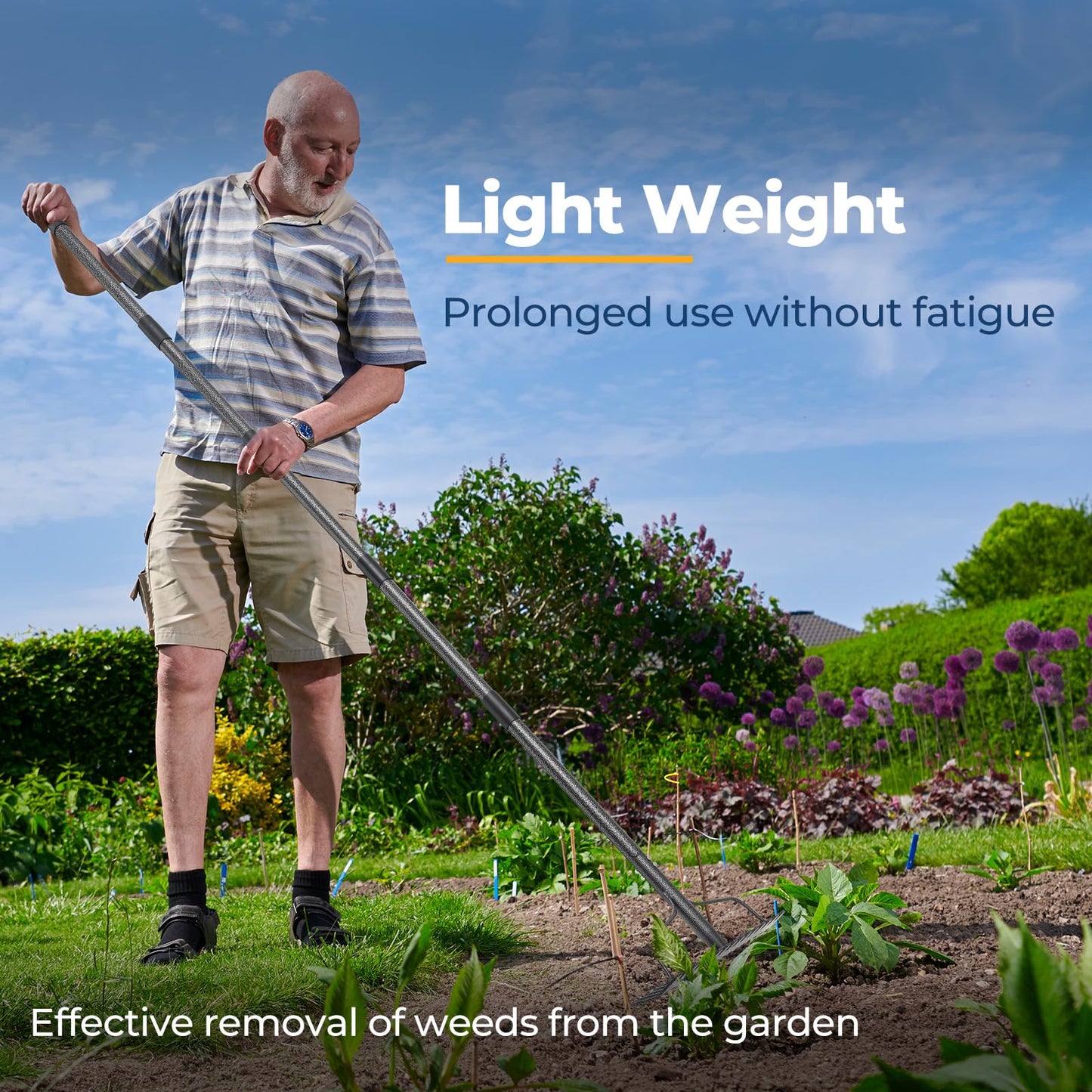 49" Rake - 17" Extra Wide Garden Tool with Double-Sided Head, Heavy Duty Lightweight Stainless Steel Construction for Mulching & Debris Removal, Leveling Lawn, Loosening Soil, Leaf Cleanup, Soil Prep