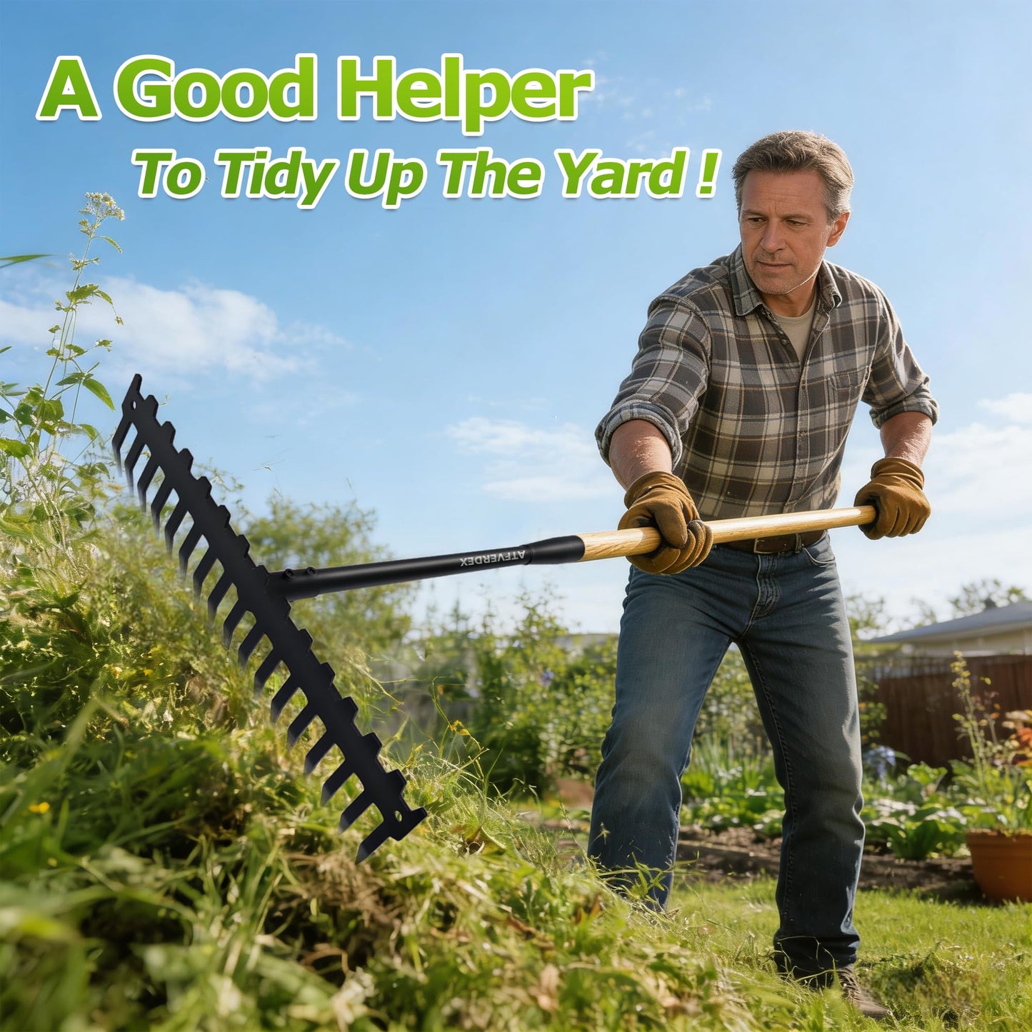 ATFVERDEX Garden Rake,60" Wooden Handle with 17-Tine Metal Bow Rake,Rock Rake Heavy Duty for Loosening Soil,Leveling Gravel,Clearing Fallen Leaves,Removing Sod and Landscaping