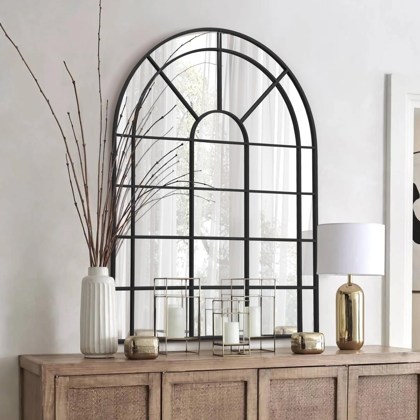 Besdomus Large Arched Window Mirror: 29"x42" Black Classic Farmhouse Wall Mirror - Wall Decor for Fireplace/Entryway/Hallway/Living Room - Ideal for Home Decor Enthusiast