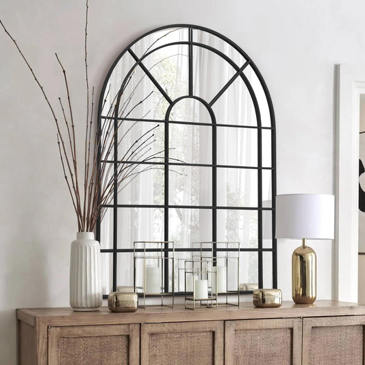 Besdomus Large Arched Window Mirror: 29"x42" Black Classic Farmhouse Wall Mirror - Wall Decor for Fireplace/Entryway/Hallway/Living Room - Ideal for Home Decor Enthusiast