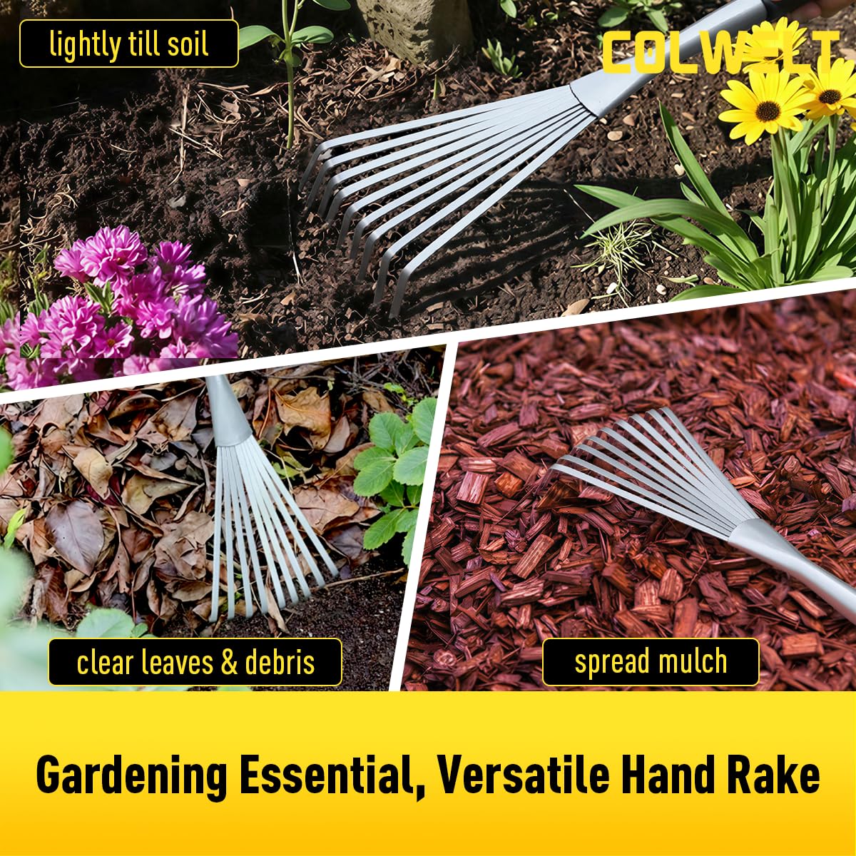 Colwelt Hand Rake 16.5", Small Rake for Gardening with 9 Resilient Flat Tines, Metal Mini Rake with Hanging Hole for Storage, Hand Fan Rake for Leaves, Loosening Soil, Spreading Mulch, Flower Beds