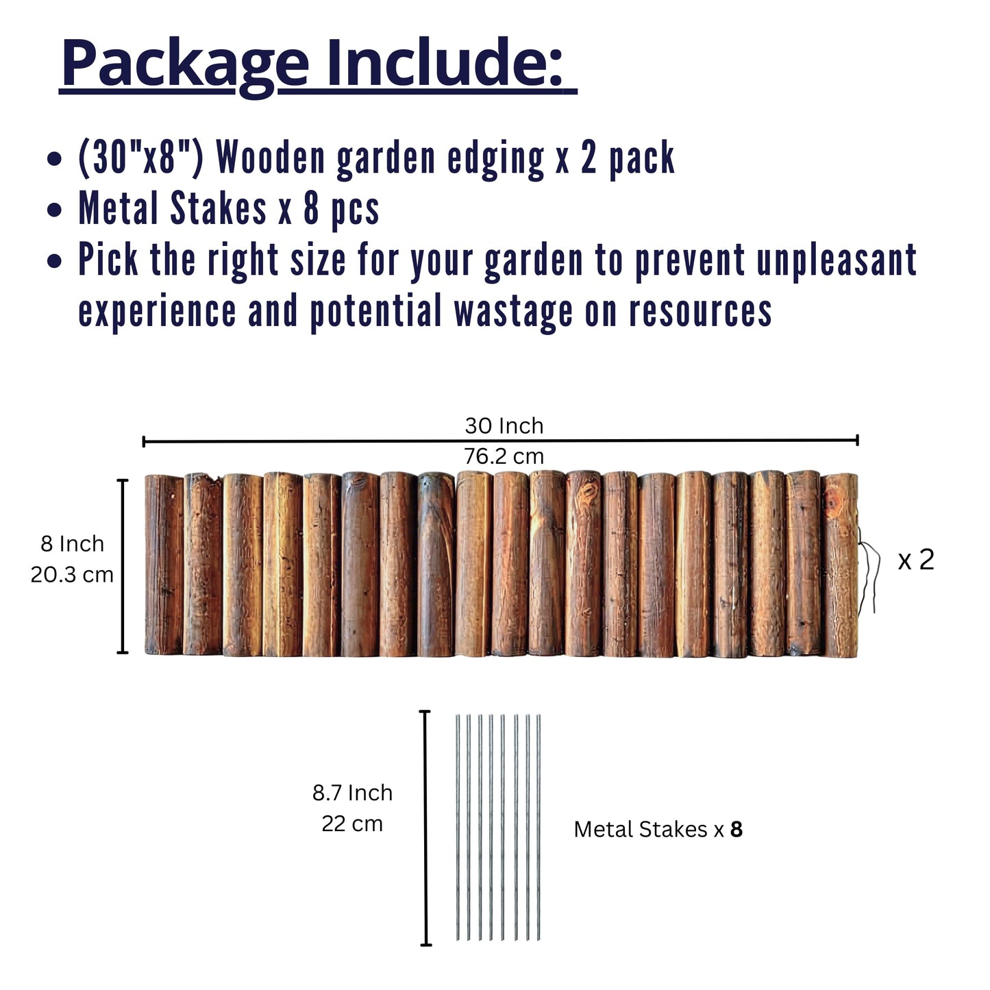 LaLaGreen Wooden Fence Panel (30"x8", 2 Pack) Brown Wood Decorative Flower Bed Landscape Fencing with Metal Stakes, Garden Edging Border for Lawn Yard Patio Pathway Tree Rings Barrier Outdoor Decor