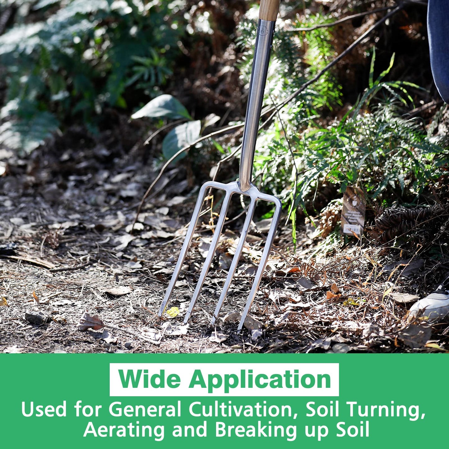 Berry&Bird Gardening Digging Fork, 4-Tine Stainless Steel Pitchfork, 43.9" Heavy Duty Spading Fork with D-Grip Handle and Ergonomic Ash Wood Handle for Digging, Planting, Cultivating, Aerating