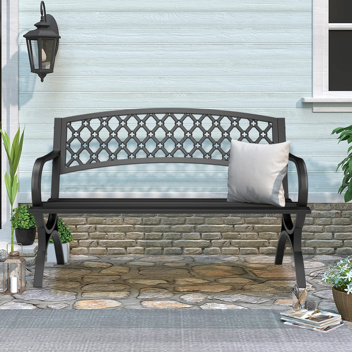 Maemttes Outdoor Bench Garden Benchs, Weatherproof Anti-Rust Heavy-Duty Outside Bench Clearance, Wrought Iron Metal Bench for Front Porch, Patio, Park, Ergonomic Backrest, Slatted Seat