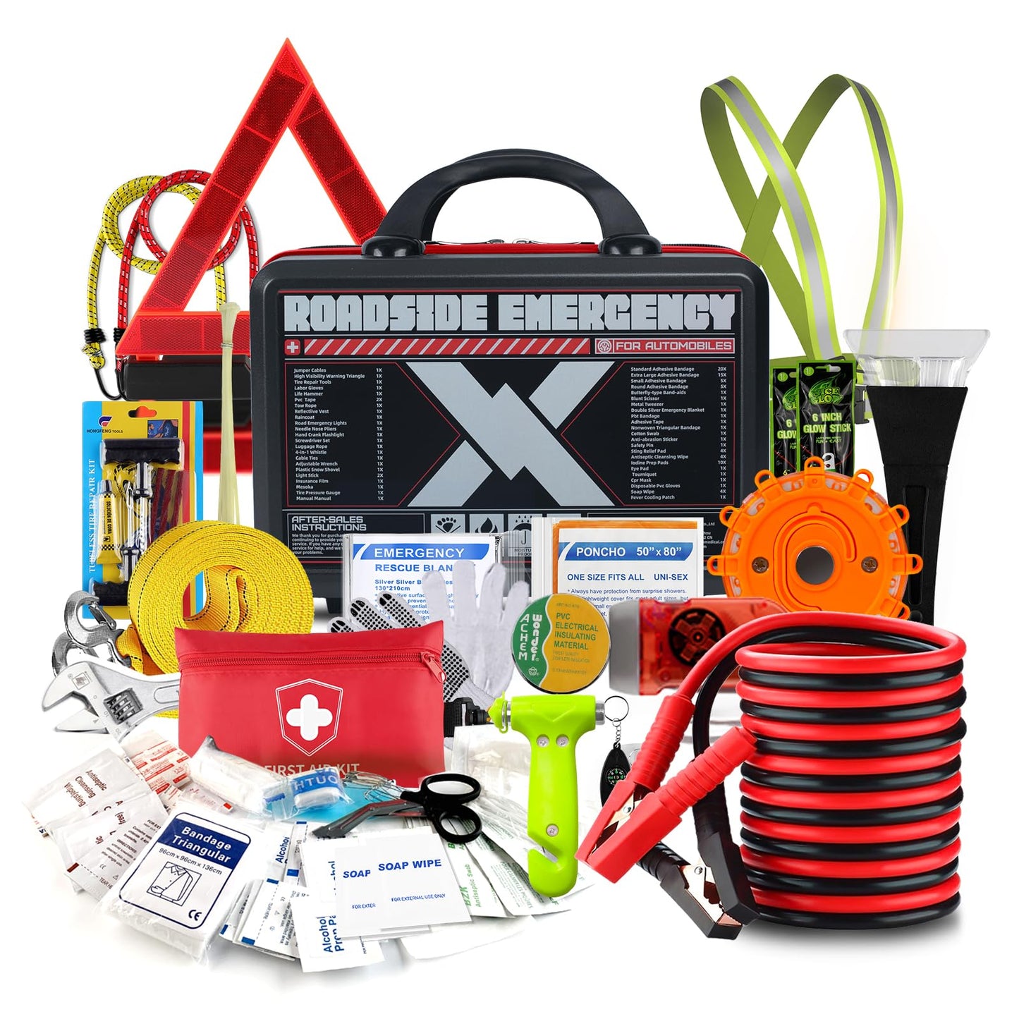 KITGO Roadside Emergency Car Kit (137Piece), with Jumper Cable, Car Safety Road Rescue Kit,Car Emergency Kit Gift for Father Women and Men,Tow Strap,Car Tool Kit (Black)