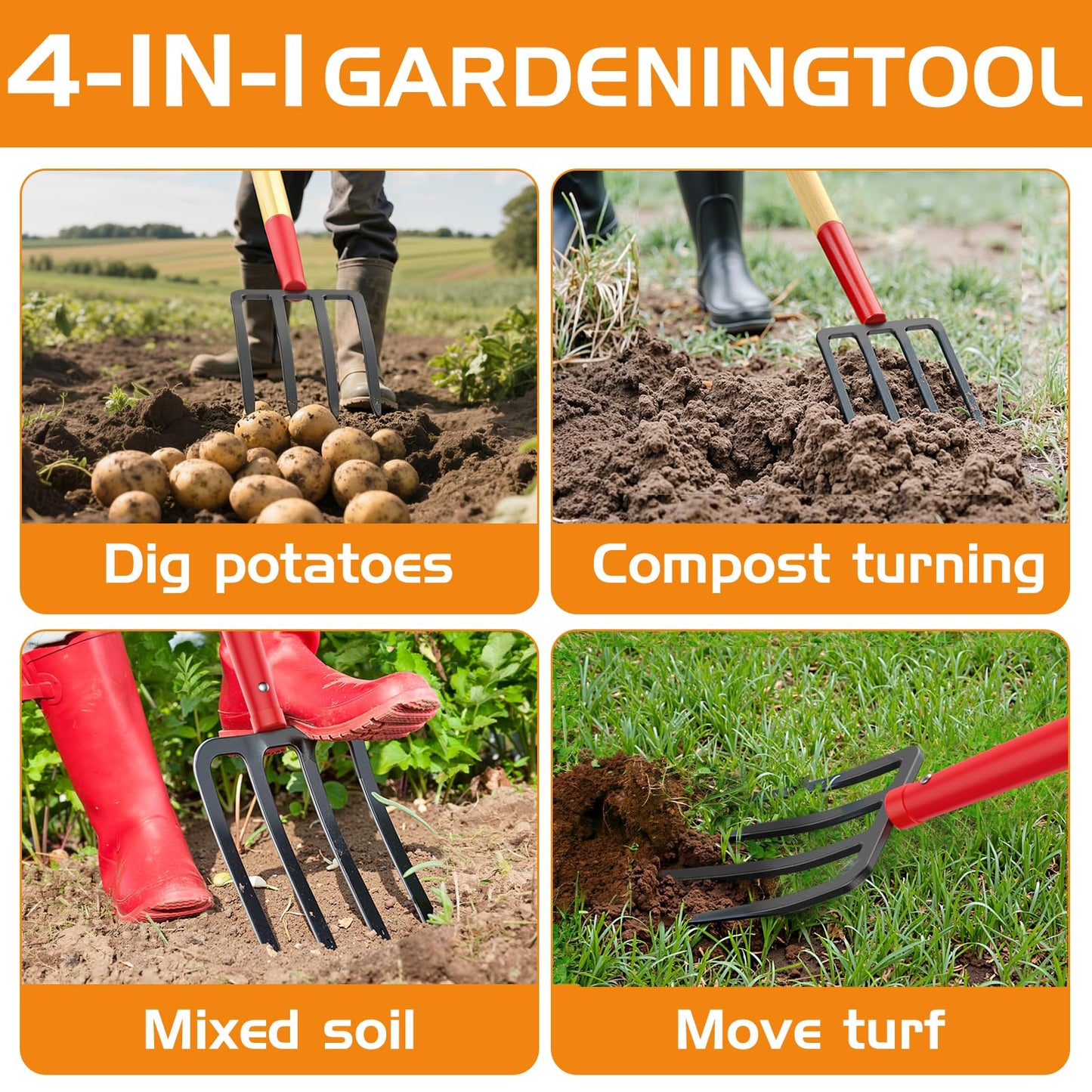 HIGHLIGHT Garden Fork, 4-Tine Spading Fork, Compost Fork, Steel Digging Fork, 45Inch, Steel D-Grip, Wooden Handle