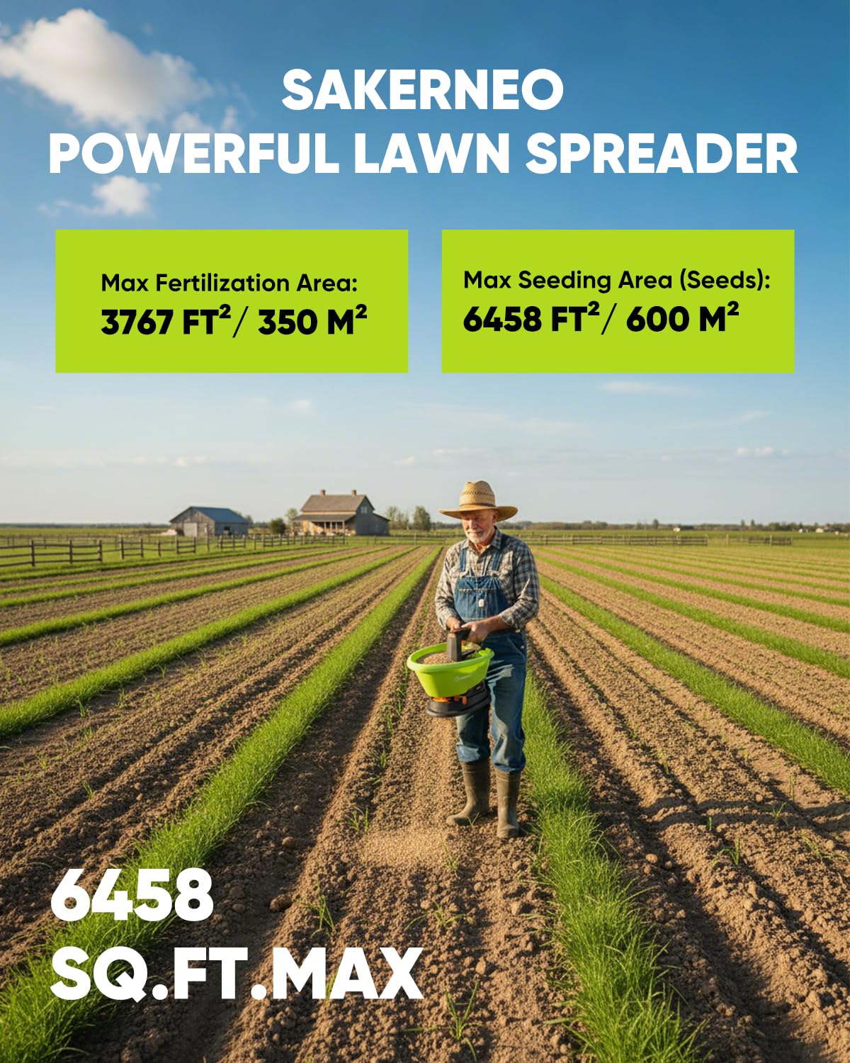 SAKERNEO Handheld Lawn Spreader - 7.2V Battery Powered Seed & 135° Fertilizer Spreader, 3L Large Capacity for 6400 Sq.Ft, 7 Settings & 5 Angles, Rechargeable Grass Seeder for Even Lawn Care