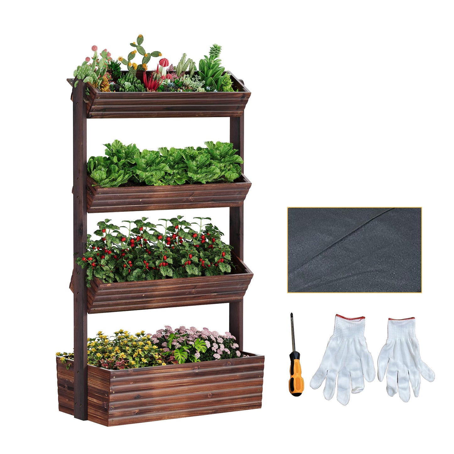 Garden Bed Vertical Wooden Raised Garden Bed Planters Wood Planter Kit Plant Stand Flower Rack Planter Box Gardening Plants Herbs Flowers Vegetables Outdoor Indoor Freestanding (Carbonized 4-Tier)