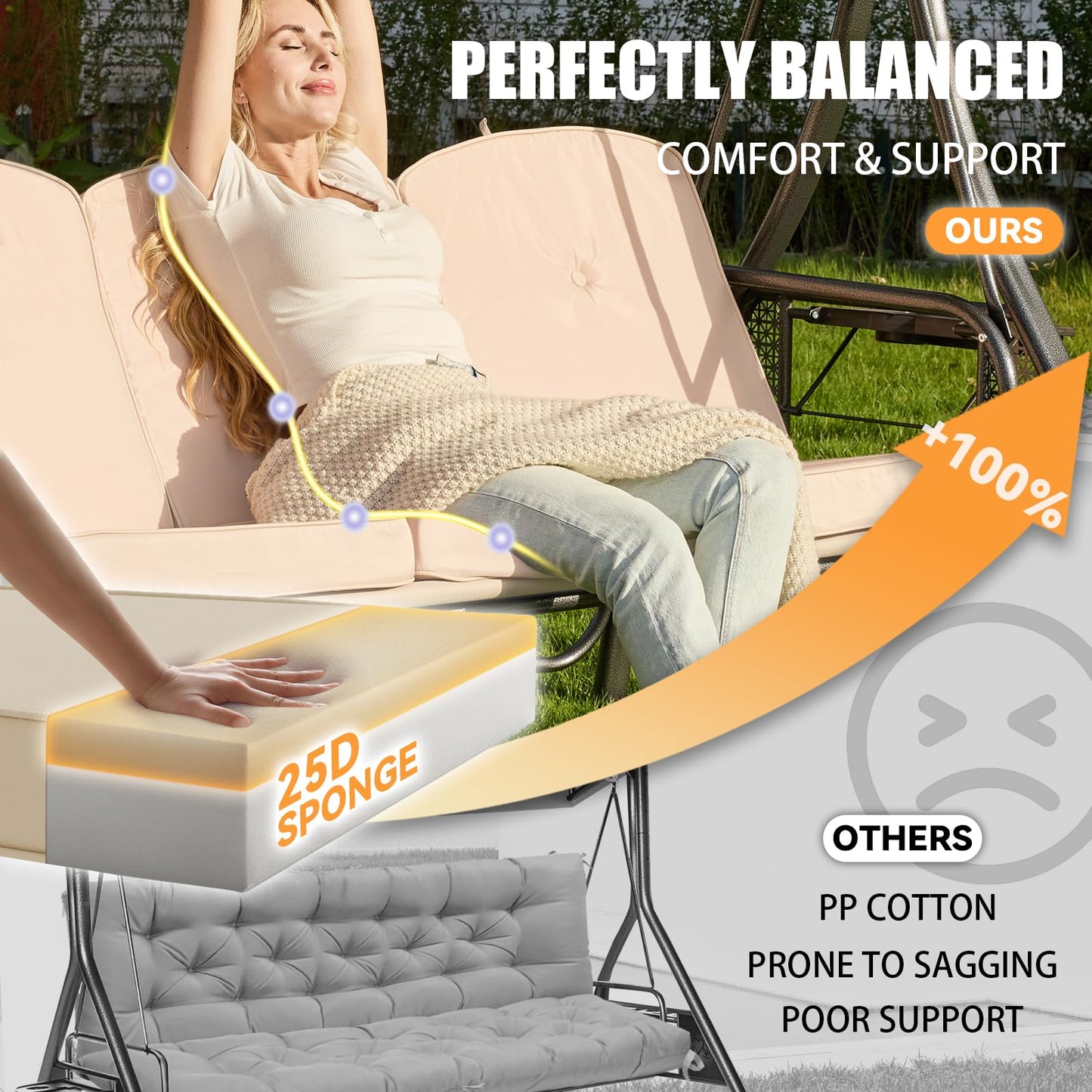 Oungelark Outdoor Porch Swing Cushions 3 Seater with Swing Canopy, Replacement Cushions for Outdoor Swing, Patio Swing Cushion 25D Foam (Khaki)