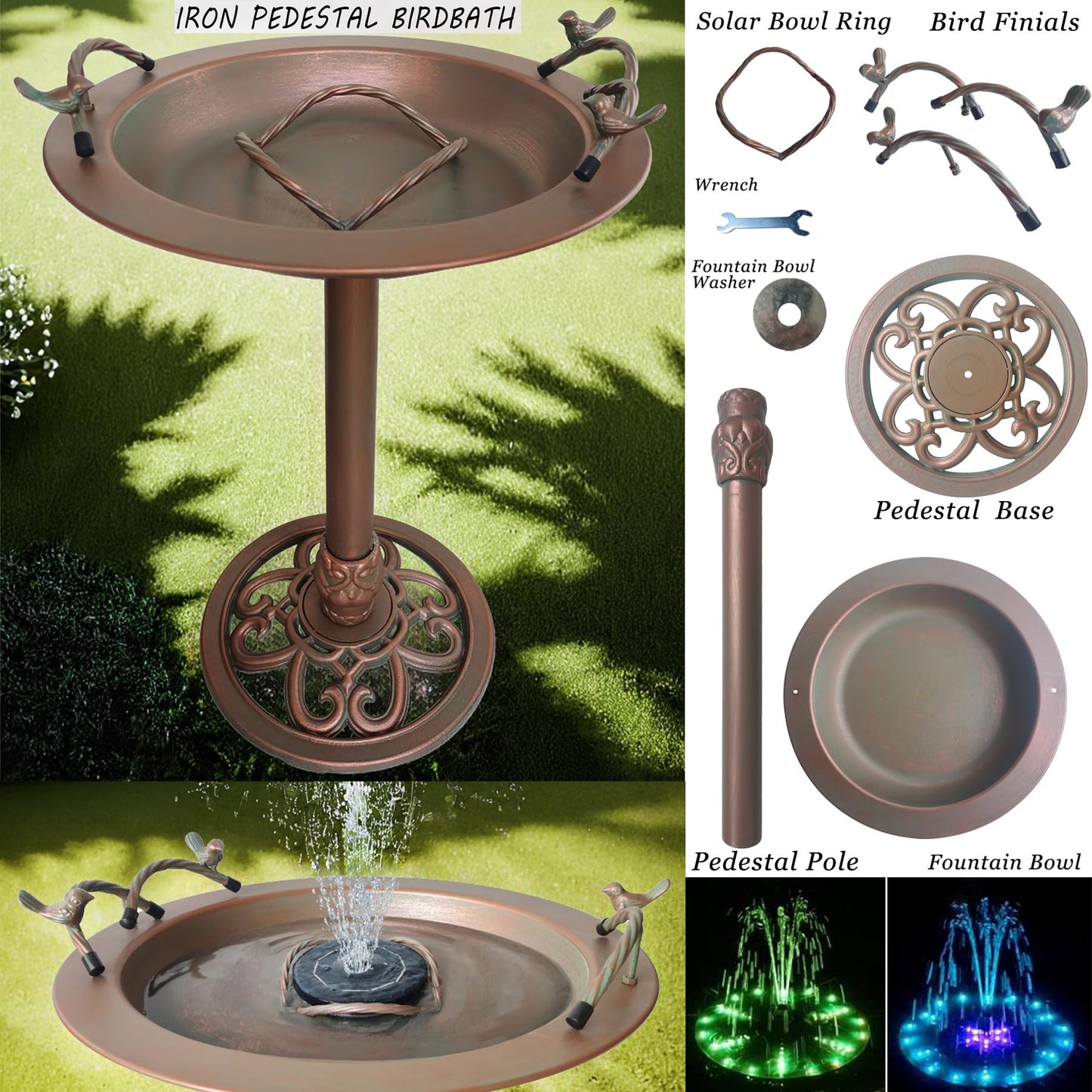 BSTGIFTS Metal Bird Bath - Iron Birdbath 28.5" H, Bird Bath for Water Fountain, Bird Feeder Bowl for Yard Patio Lawn Decor (Fountain Pump not Included)