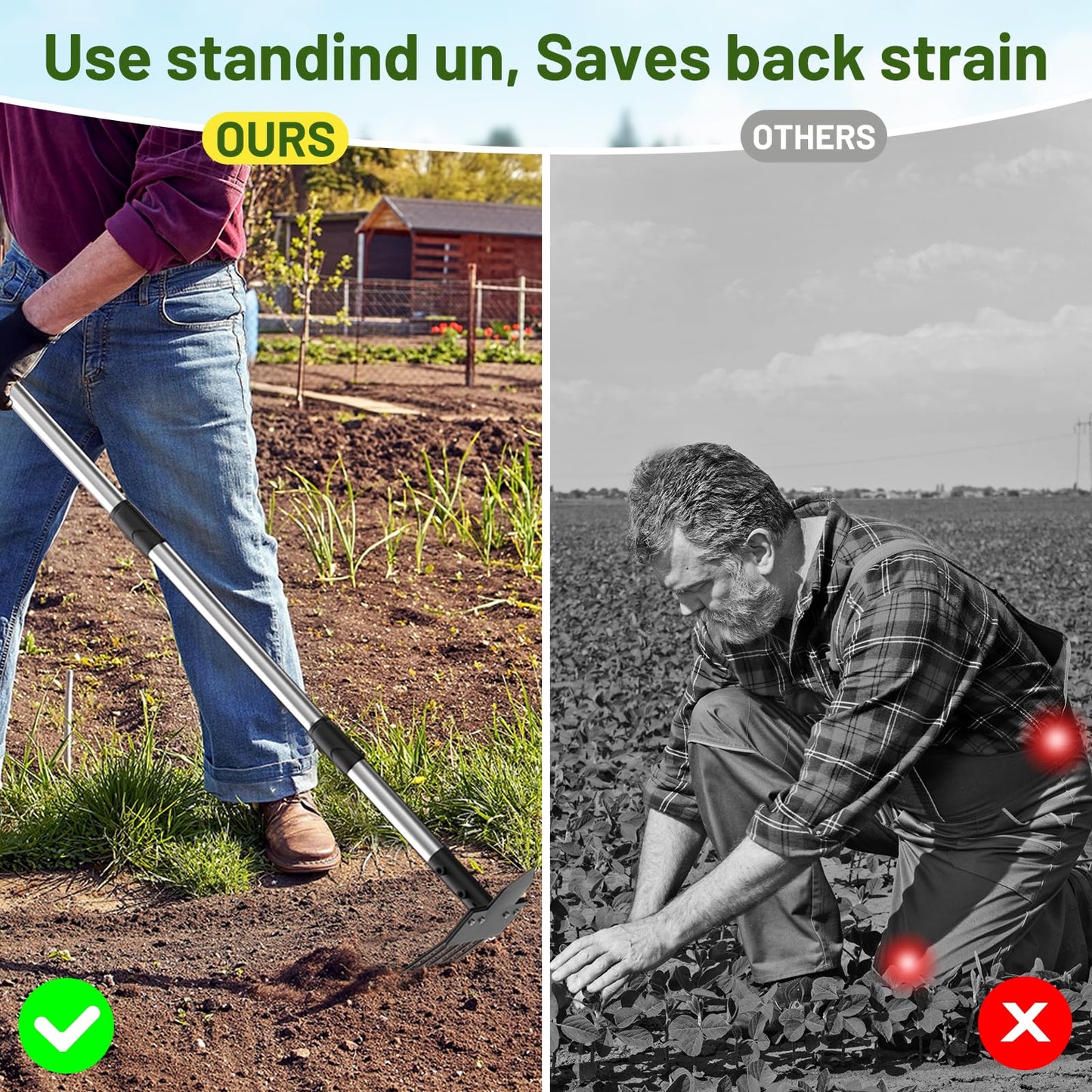 Ukiupop 2-in-1 Heavy-Duty Weed Puller Tool with 5-Tine Rake – 30" to 60" Adjustable Handle, Hoes for Gardening, Hoe Garden Tools for Loosening Soil, Planting, Weeding