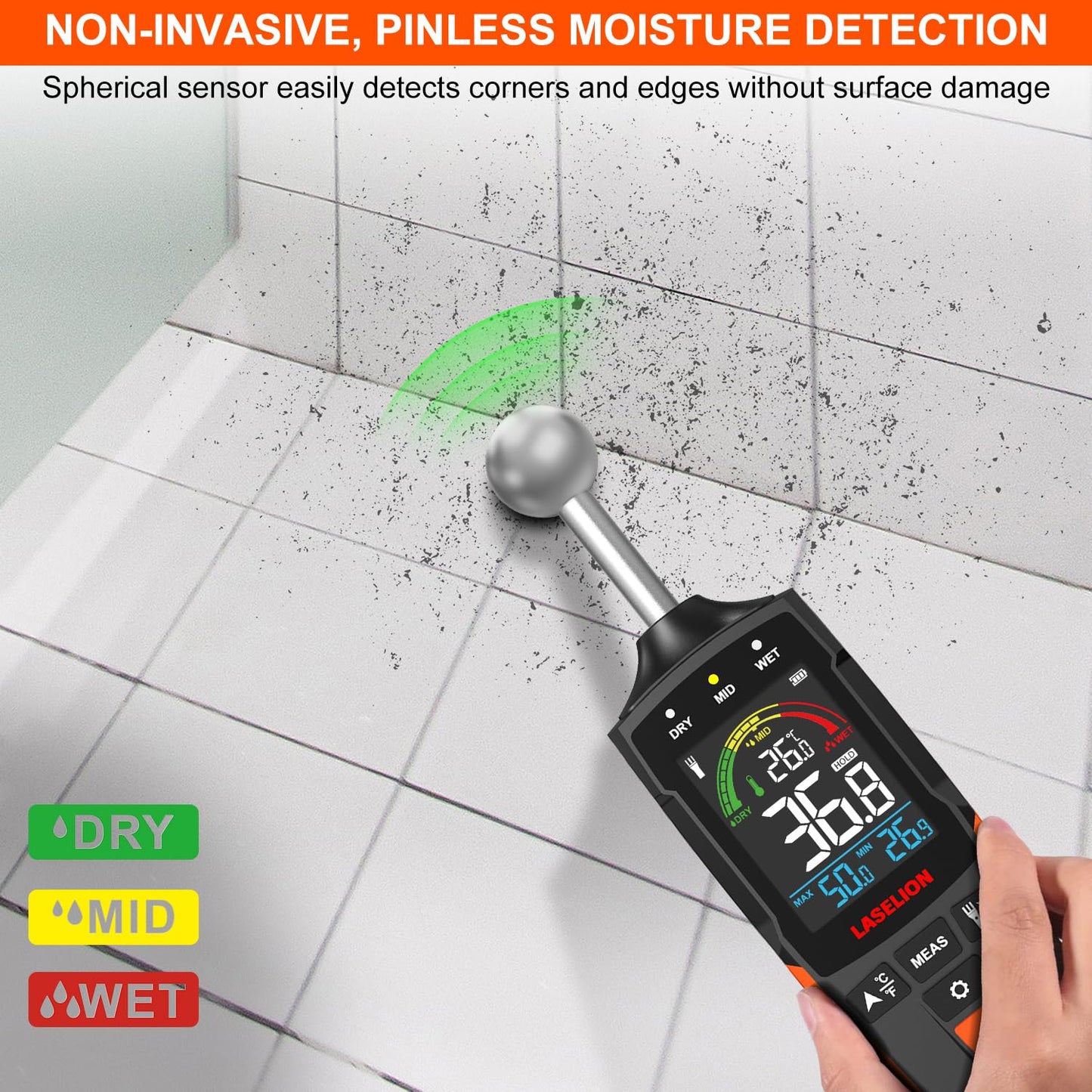 LASELION MS04 Pinless Moisture Meter with Ball Probe for Non-Destructive Area Scans Ideal for Wood Walls and Construction Materials Customizable Humidity Alarms Built-in Flashlight