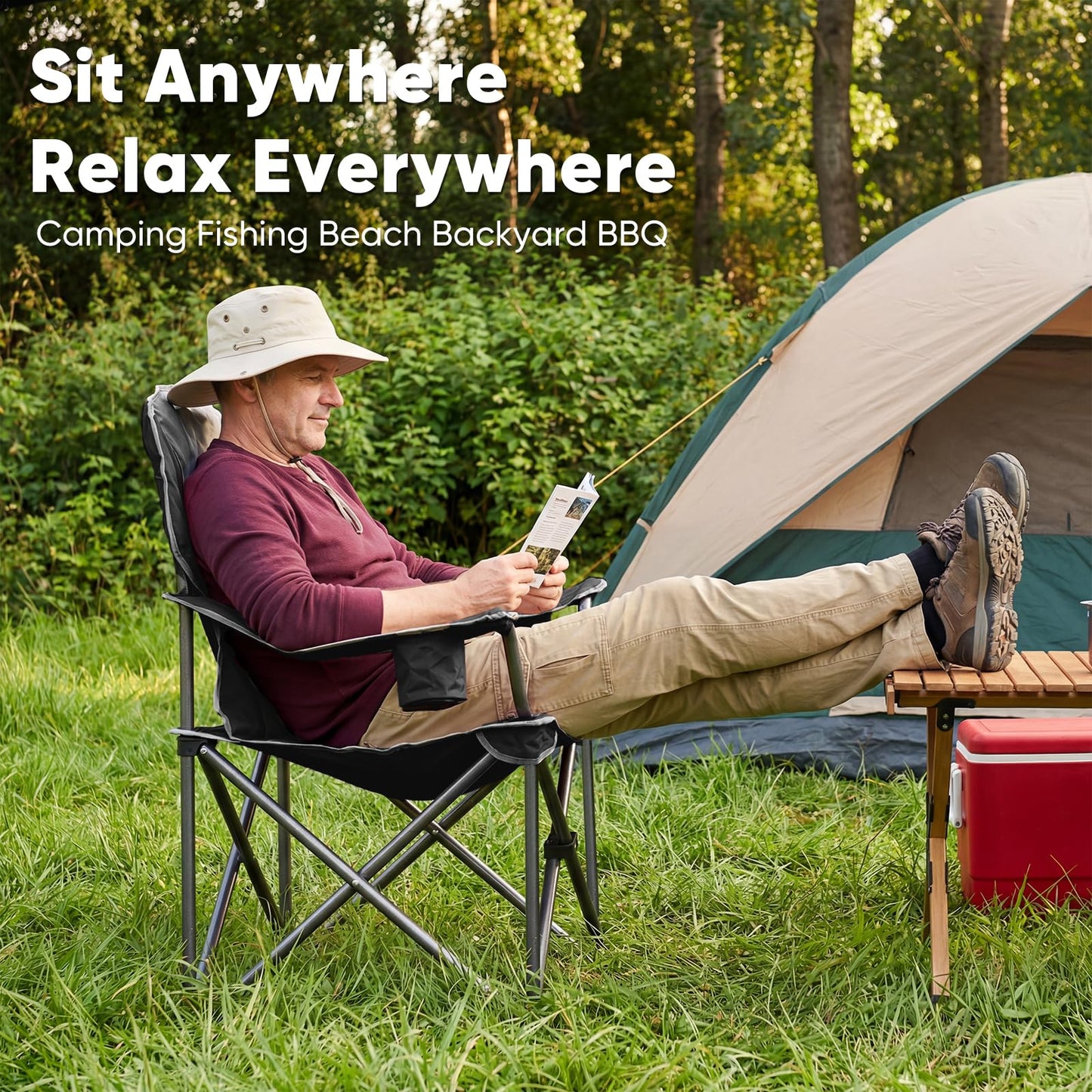 NEWBULIG Oversized Folding Camping Chair for Adults, Portable Outdoor Collapsible Chairs, 500 LBS Heavy Duty Support, with Cup Holders, for Lawn, Fishing, Hiking, Black