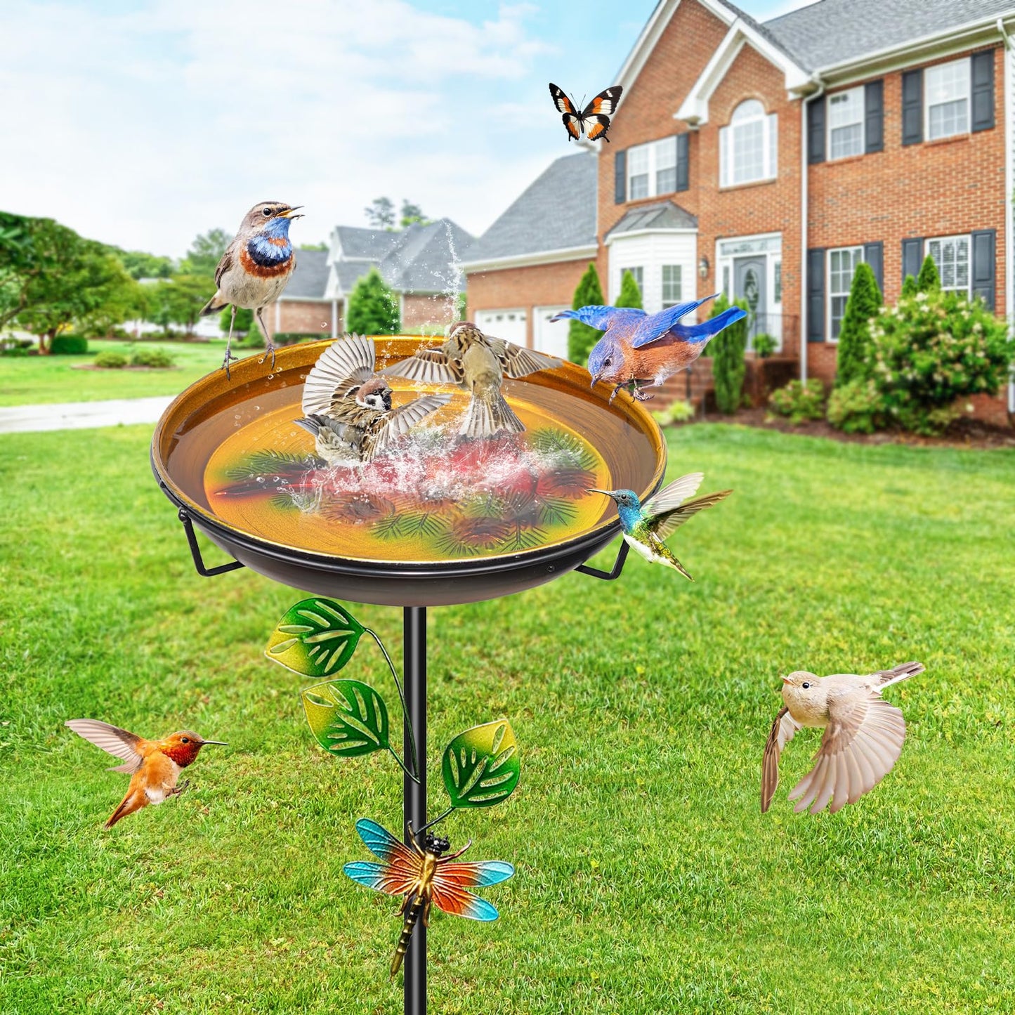 35.4In Metal Bird Bath for Outside, Freestanding Garden Birdbaths & Birdfeeder with Upgraded 5 Prongs Base, Bird Baths Feeder Water Bowl for Outdoors Patio Yard Lawn Art Decor (Yellow+Red)