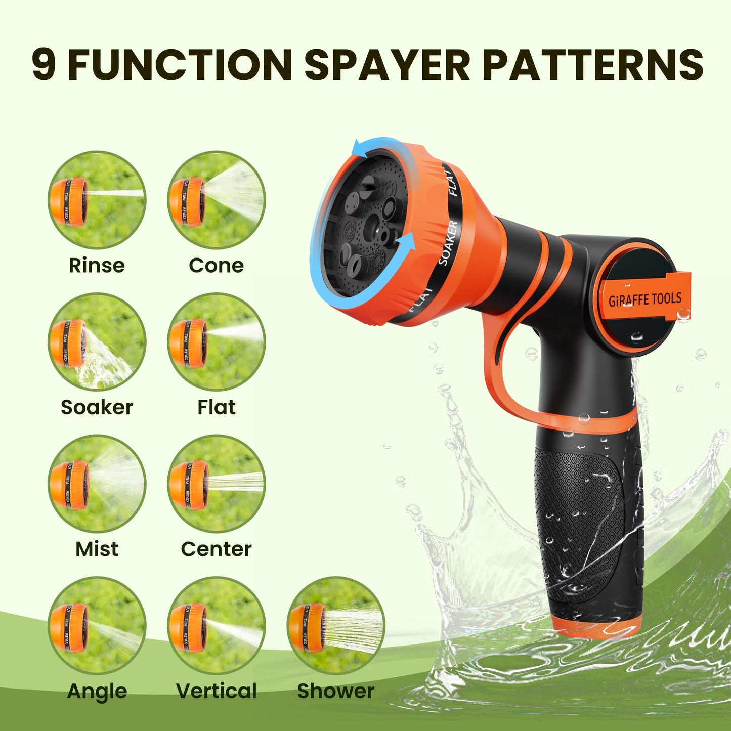 Giraffe Tools Non-Expandable Garden Hose 100FT 1/2” Lightweight Flexible Water Hoses Burst 600 psi with 9 Spray Function Nozzle Heavy Duty Hose