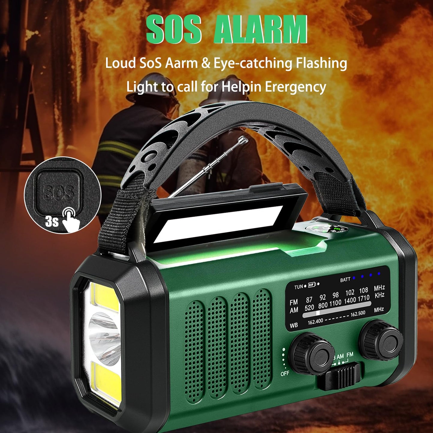 Emergency Weather Radio 20000mAh NOAA/AM/FM with 74000mWh USB/Solar/Hand Crank Charging, Battery Operated, SOS Alarm & Flashlight for Indoor/Outdoor Emergencies (Green)