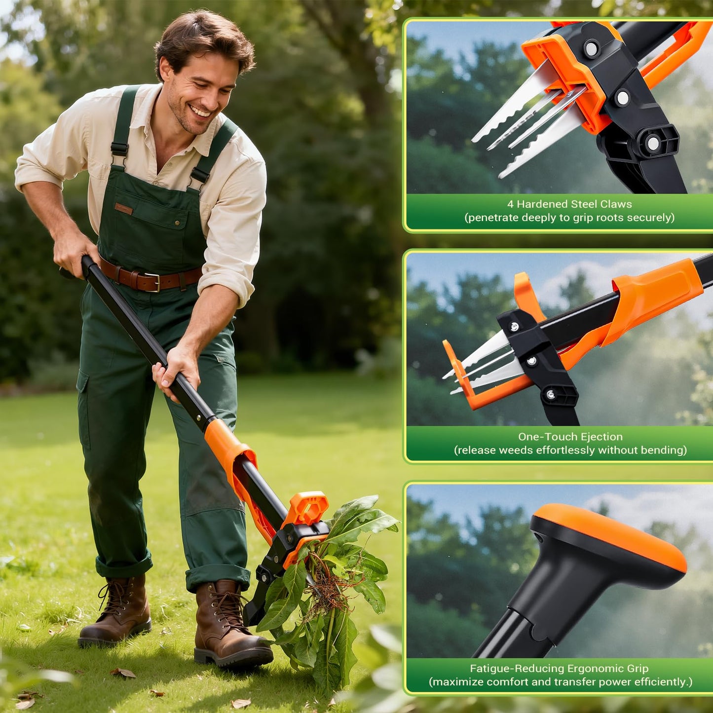 Crywag Weed Puller Tool - Stand Up Weed Puller with 4-Claw Steel Head, 39"-46" Retractable Handle & Easy-Eject Mechanism for Dandelions, Clover & More, No Bending or Kneeling