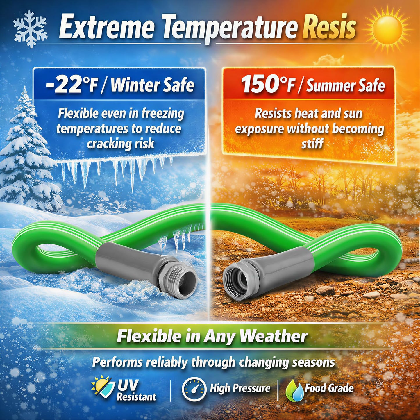 Garden Hose 50 FT with 8-Pattern Spray Nozzle, Flexible Garden Hose 5/8 Inch Food-Grade Rubber Hybrid Water Hose for Outside, Kink-Resistant Outdoor Hose