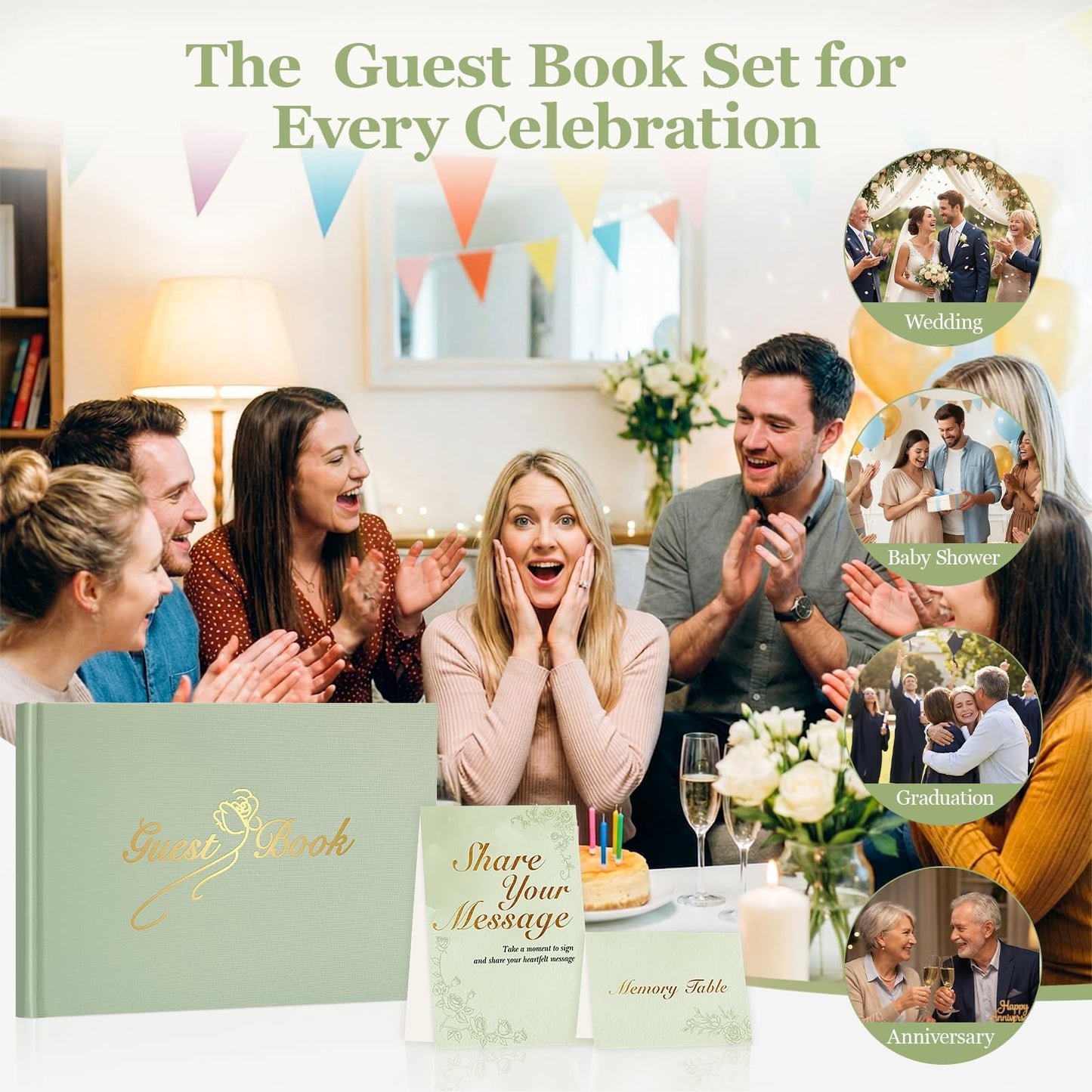 Guest Book for All Occasions – Sage Green Linen Hardcover with Gold Foil, 120 Acid-Free Blank Pages, Includes Table Sign & Welcome Card | 8.66x6.69" Sign-In Book for Wedding, Garden Party & More